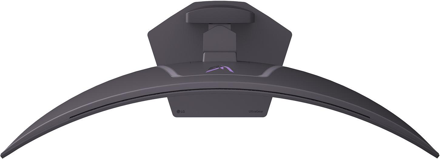 Ein geschwungener, dunkelgrauer Computermonitor. Der Ständer und die Rückseite sind sichtbar, zusammen mit den Logos UltraGear und LG.