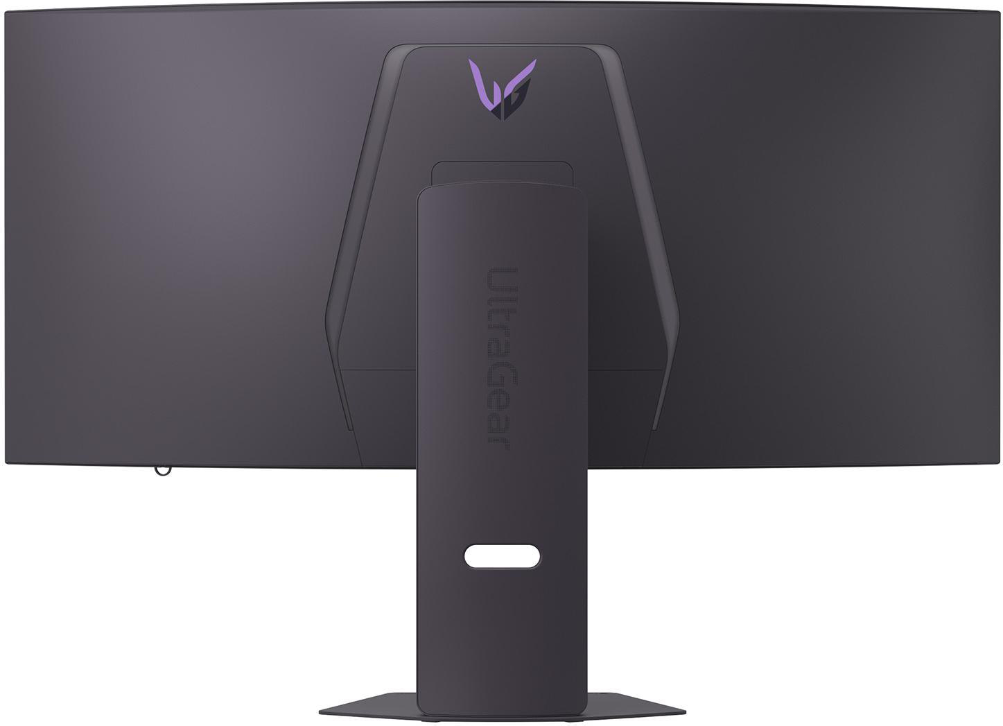 Rückseite eines gekrümmten Monitors. Es hat ein Ultragear-Logo, einen Ständer und ein lila Logo oben.