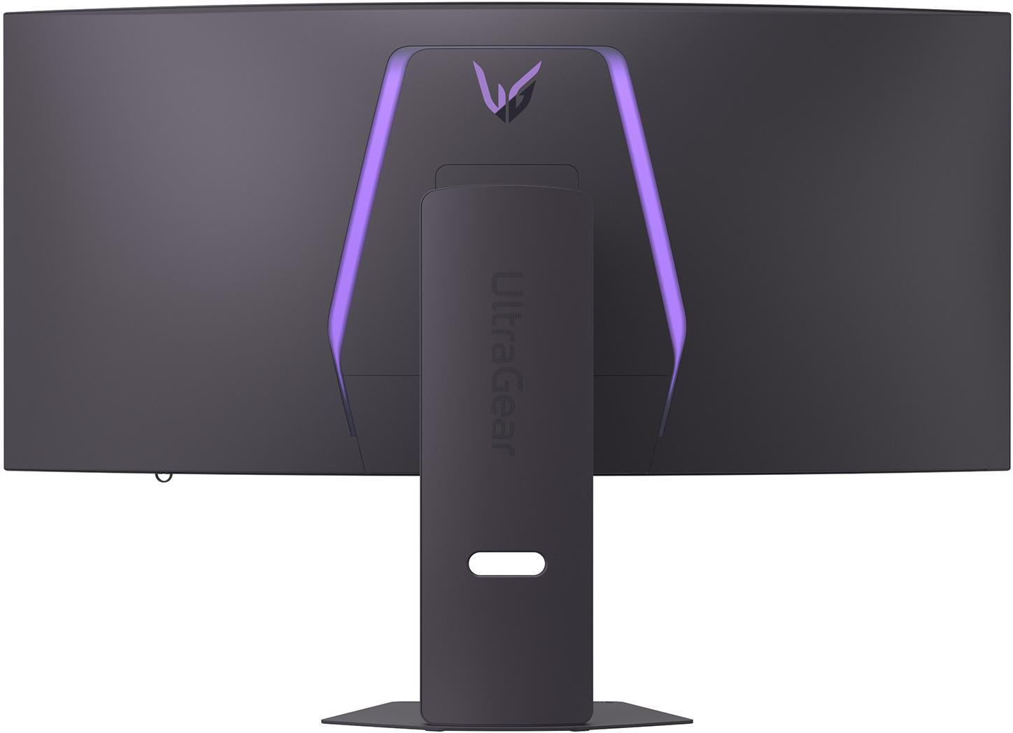 Die Rückseite eines gebogenen schwarzen Computermonitors. Er hat lilafarbene Lichtakzente und das Ultragear-Logo.