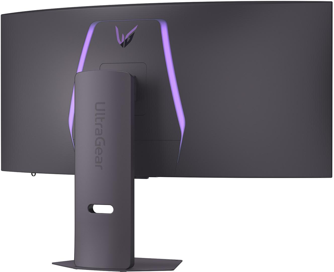Die Rückseite eines gebogenen LG UltraGear-Monitors. Er hat eine dunkelgraue Oberfläche mit lilafarbener Akzentbeleuchtung und dem UltraGear-Logo.