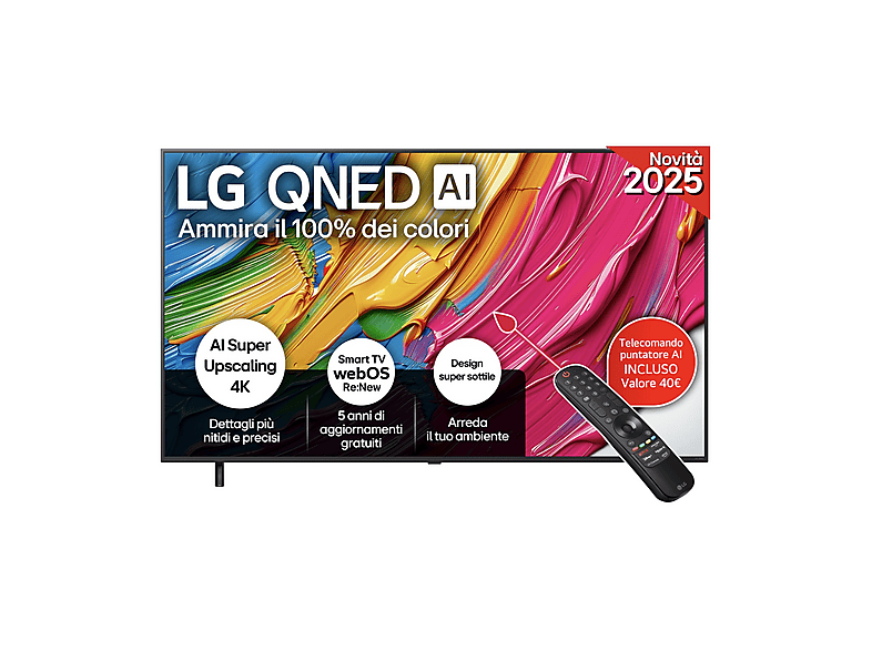 LG QNED AI 65QNED80A6A TV QNED, SMART TV, 65 '', Processore a7 Gen8 4K con AI, Charcoal Black, Classe E