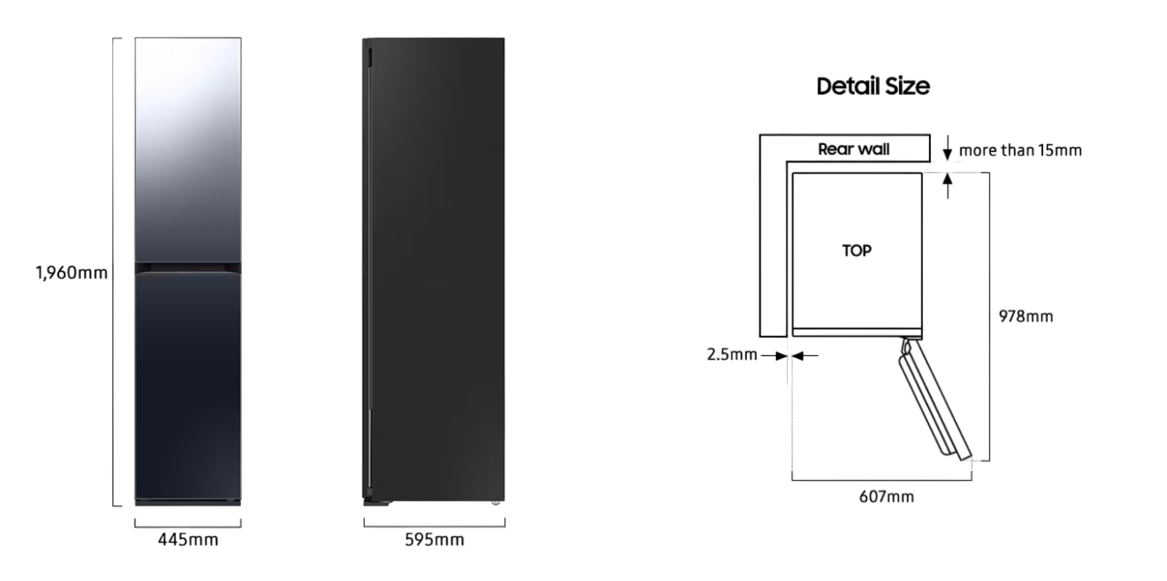 Ein Kühlschrank mit Abmessungen und Detailgrößendiagramm. Der Kühlschrank hat zwei Türen, schwarze Farbe und Silberverlauf.