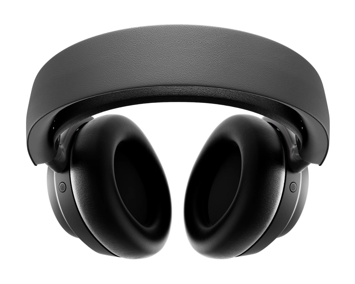 Czarne słuchawki na czarnym tle. Słuchawki mają wyściełany pałąk i duże nauszniki. Design jest nowoczesny i elegancki.