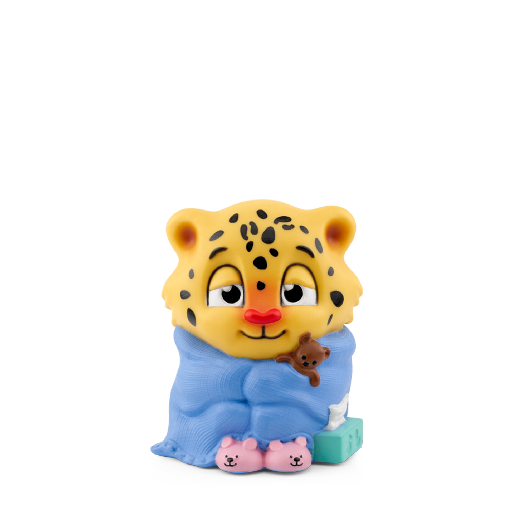 Ein Cartoon-Leopard, eingewickelt in eine blaue Decke mit Teddybär-Hausschuhen. Es hat einen kleinen Teddybären auf seiner Decke.