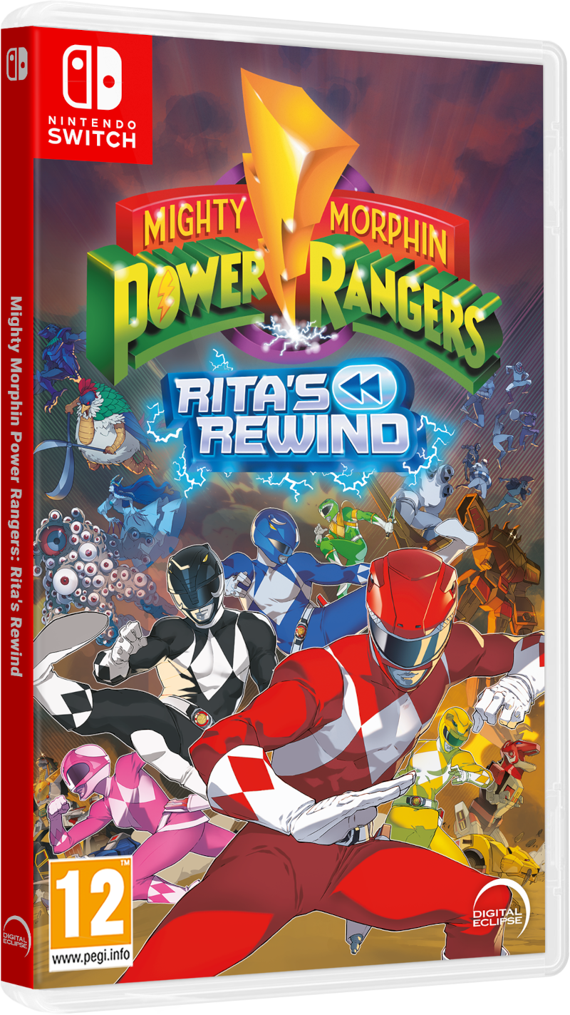 A Mighty Morphin Power Rangers: Rita's Rewind Nintendo Switch játékborítója. Power Rangerek akcióban, Rita's Rewind logó és villám látható.