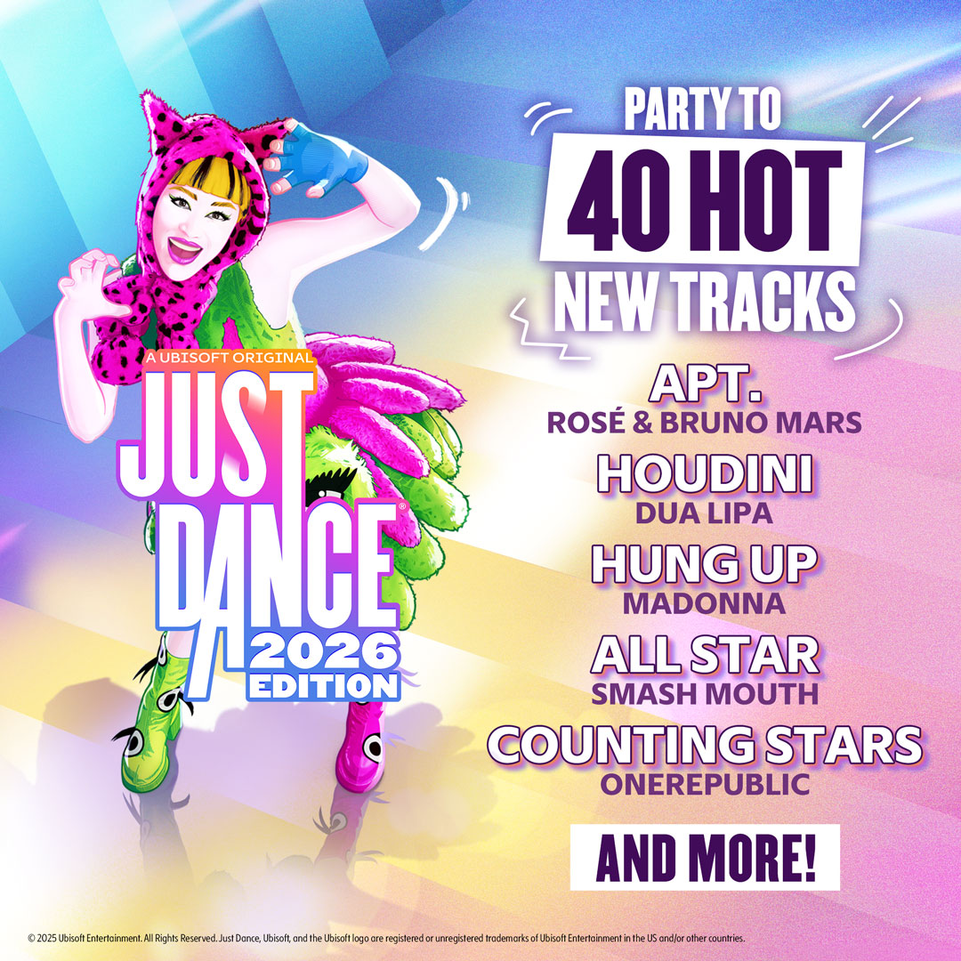 Just Dance 2026 Edition hirdetés. Nő, rózsaszín és zöld jelmezben. Szöveg: 40 új szám, olyan előadókkal, mint Dua Lipa és Madonna.