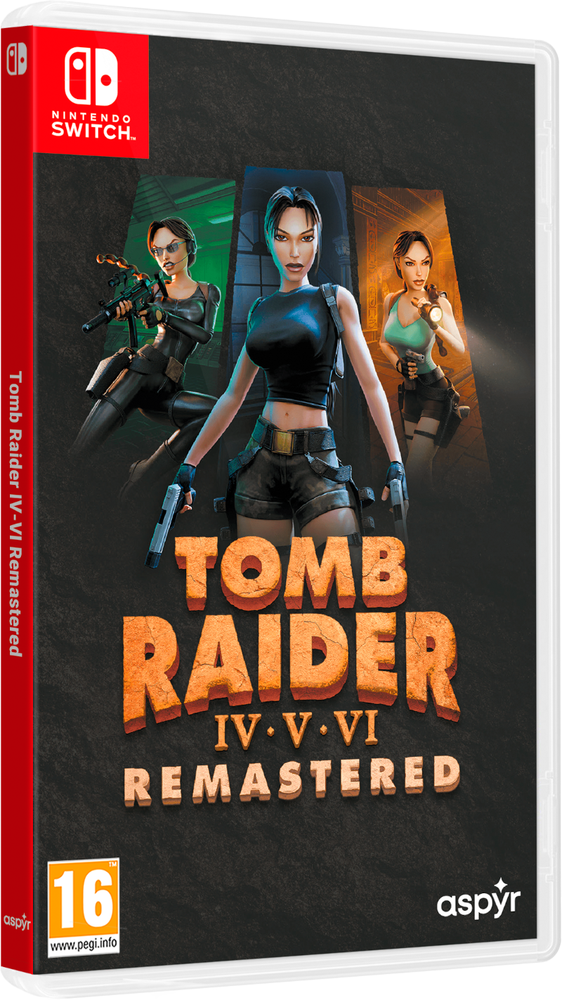 A Tomb Raider IV-VI Remastered játékháza. Három Lara Croft illusztrációt, a játék címét és egy Nintendo Switch logót tartalmaz.