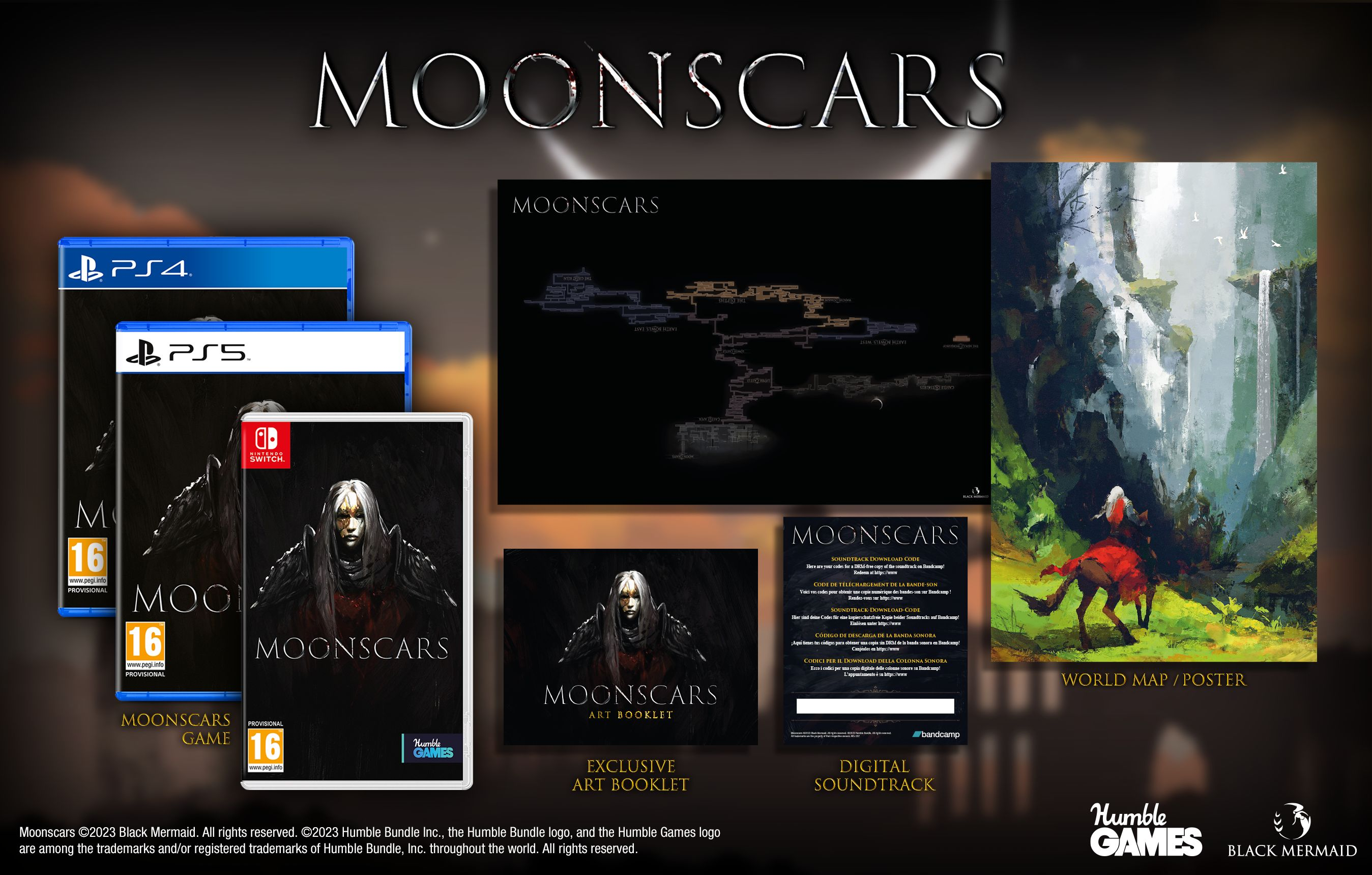 Moonscars játékdobozok, térkép és művészeti füzet. Vízesés művészet és zeneszám letöltési kódok is láthatók.
