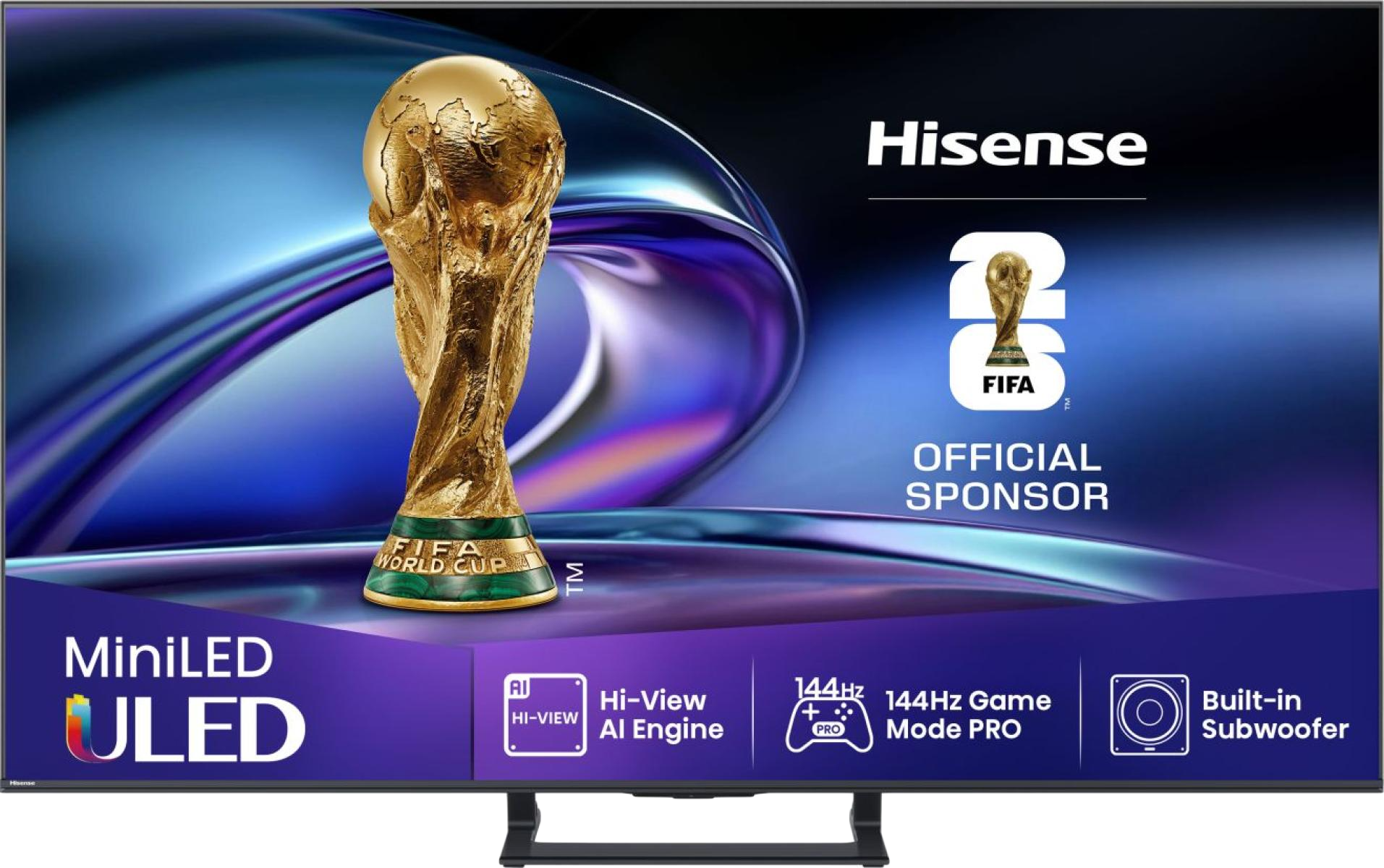 Hisense TV arany FIFA World Cup trófeával. Jellemzők: MiniLED ULED, AI és 144Hz-es játék mód. Hivatalos szponzor.