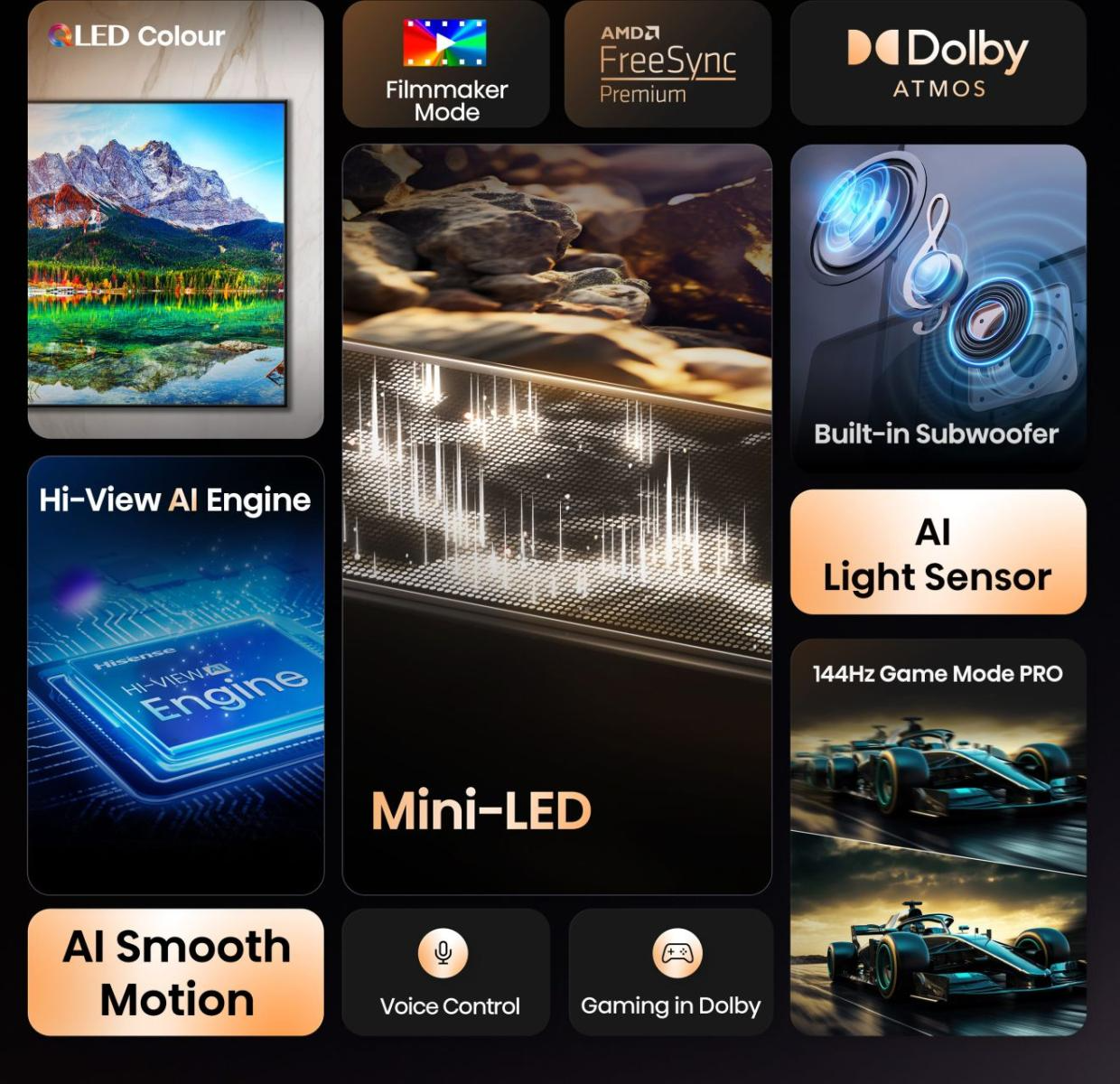 TV-funkciók, beleértve a LED színt, a Filmmaker módot, a Hi-View AI Engine-t, a Mini-LED-et, az AI Smooth Motion-t, a hangvezérlést és a Dolby Atmos-t.