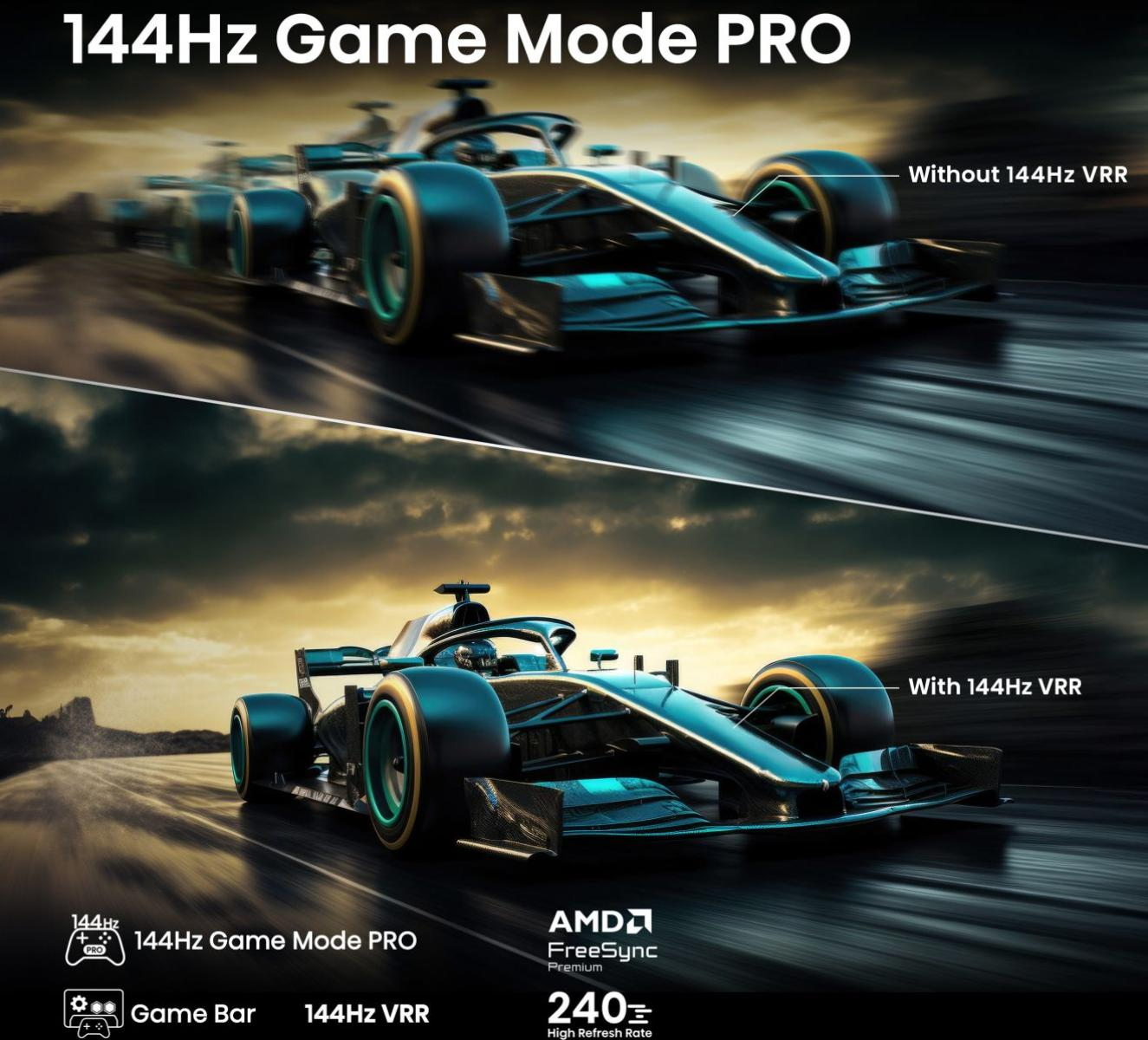 A kép két versenyautót mutat, egy elmosódottat (VRR nélkül), egy éleset (VRR-rel). Szöveg: 144Hz Game Mode PRO, AMD FreeSync Premium.