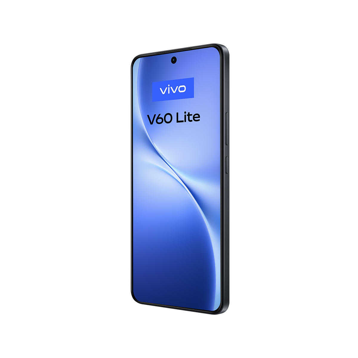Vivo V60 Lite akıllı telefon, siyah çerçeve, mavi gradyan ekran, beyaz zemin. Vivo logosu ve model adı görüntüleniyor.