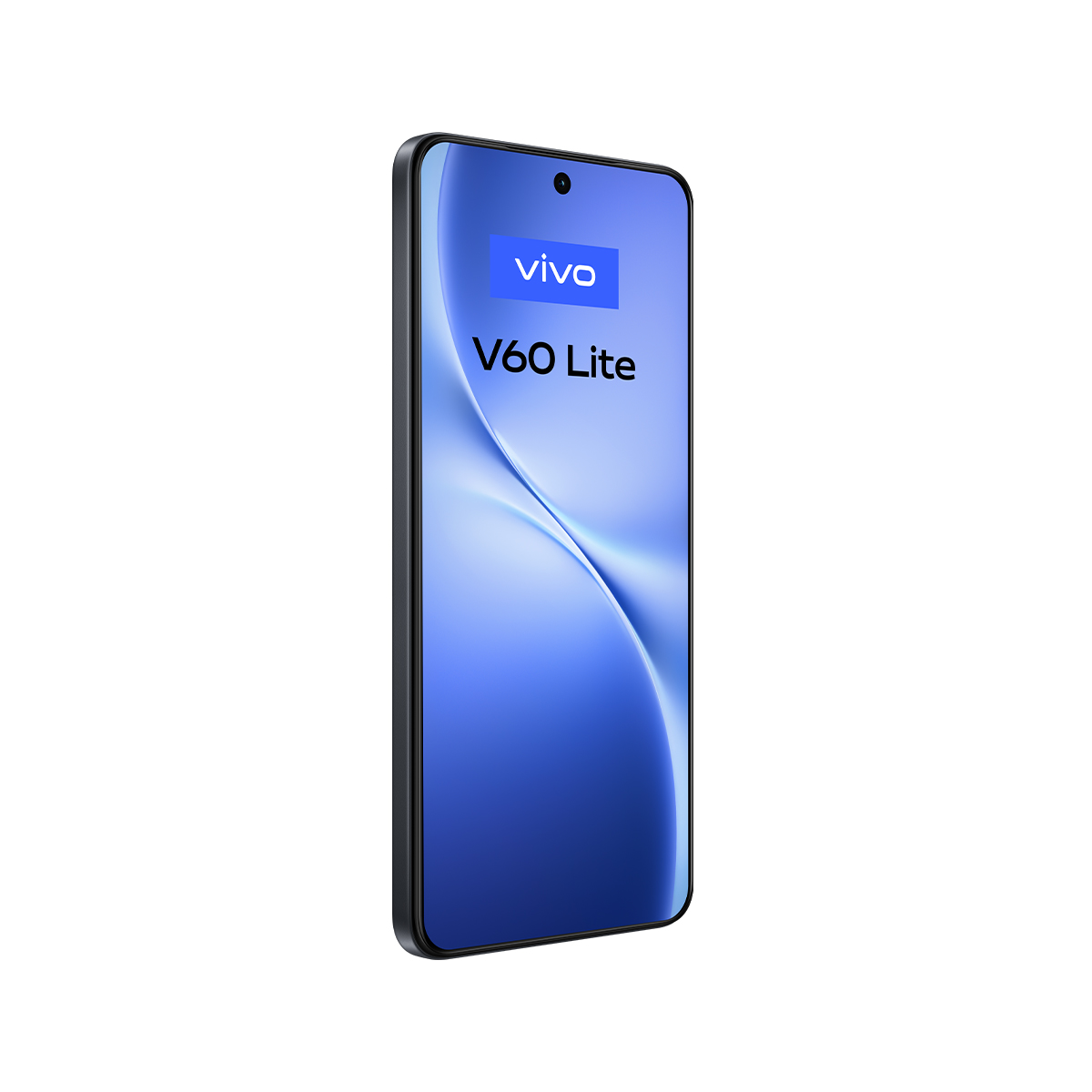 Siyah çerçeveli, logo ve metinli mavi ekranlı bir Vivo V60 Lite akıllı telefon. Arka plan beyazdır. Telefon açılıdır.
