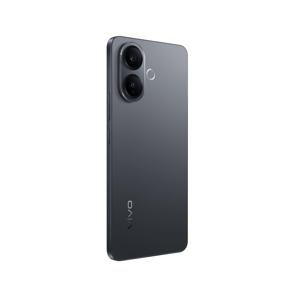 Koyu gri bir Vivo akıllı telefon arkadan gösteriliyor. İki kamera merceği, bir flaş ve Vivo logosu var.