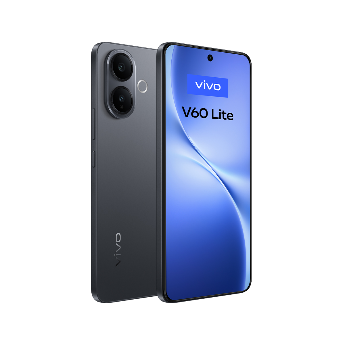 Koyu gri bir Vivo V60 Lite akıllı telefon. Ekran, Vivo logosu ve telefon adıyla birlikte mavi bir dalga deseni gösteriyor.