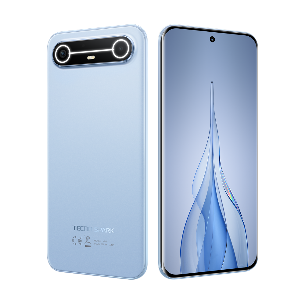 Çift kameralı ve mavi-beyaz soyut bir tasarım gösteren ekranı olan açık mavi bir Tecno Spark telefon.