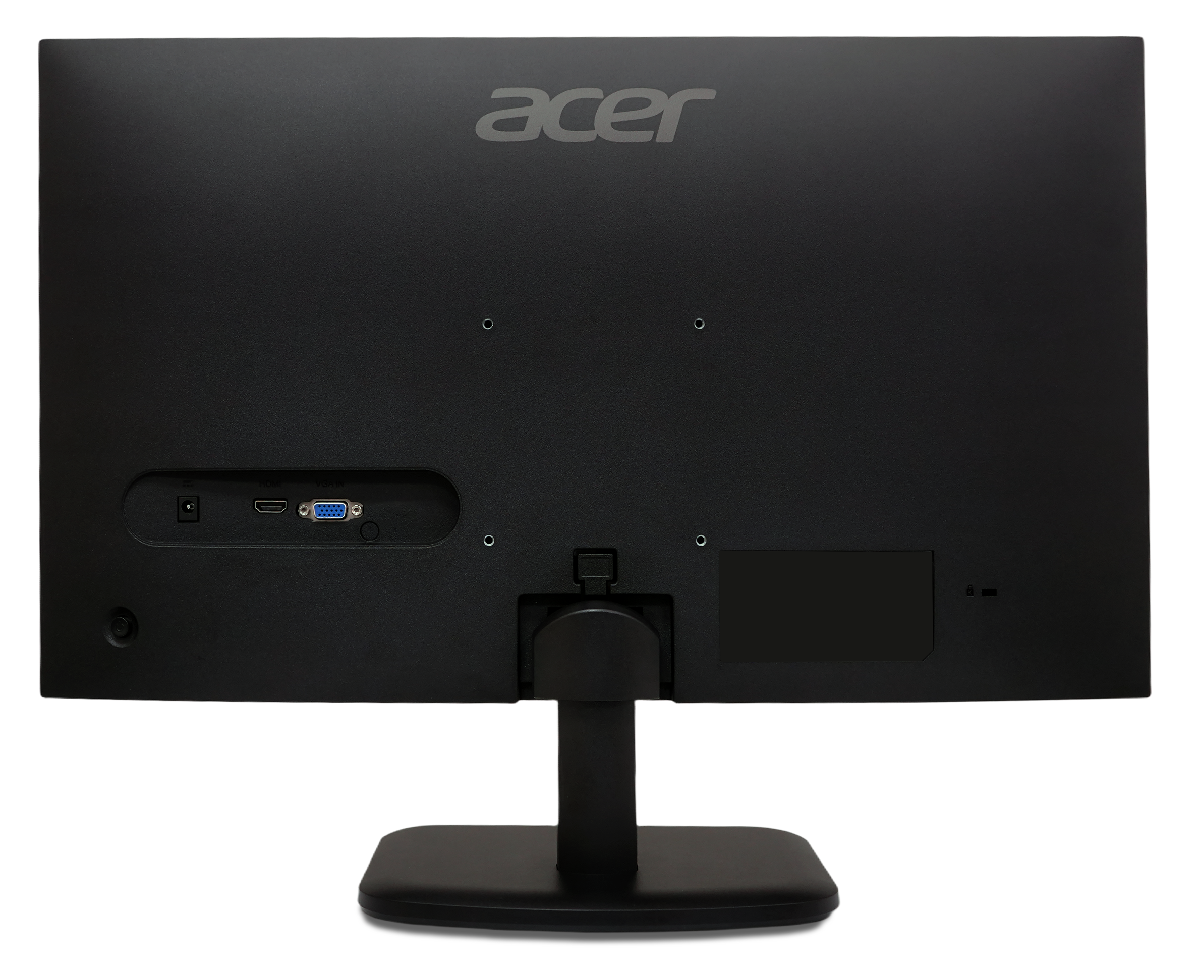 Pokazano tył czarnego monitora Acer. Widoczne są porty. Monitor stoi na czarnym stojaku.
