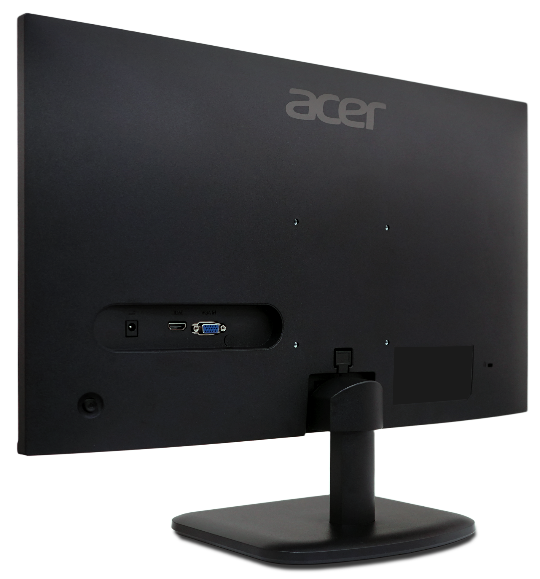 Tył czarnego monitora Acer. Posiada porty, podstawkę i logo Acer.