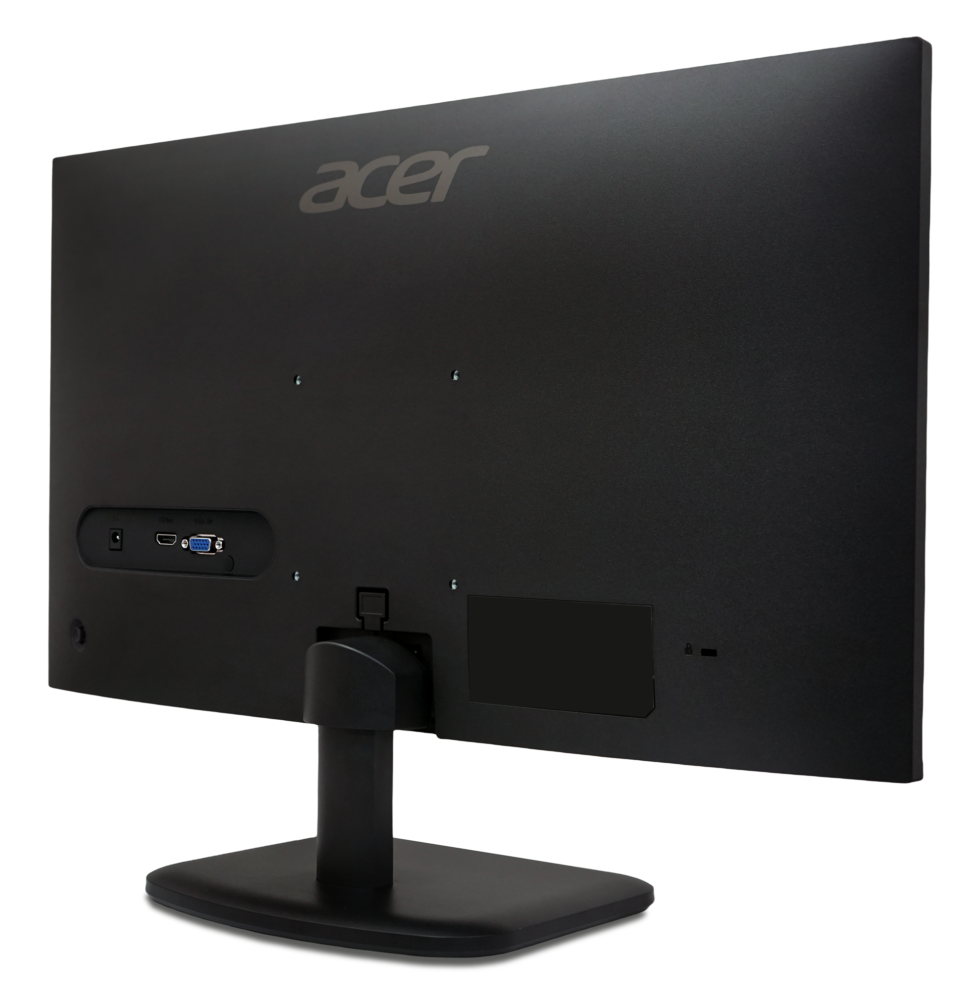 Pokazano tył czarnego monitora Acer. Widoczne porty. Monitor stoi na czarnym stojaku. Widoczne logo Acer.