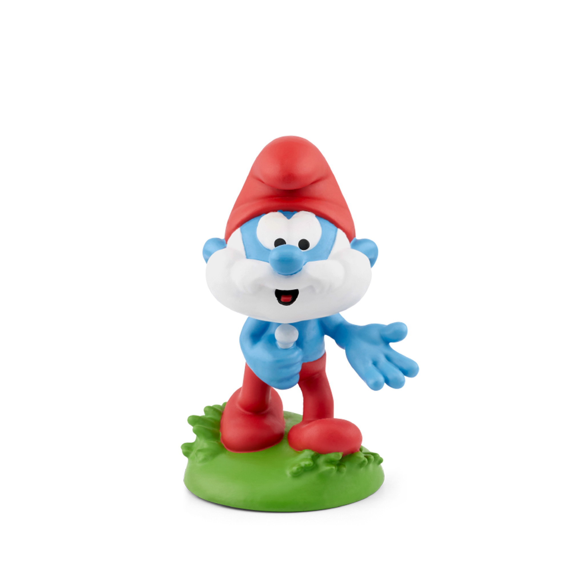 Eine Schlümpfe-Figur mit roter Mütze, blauem Körper, weißem Bart, roten Schuhen und grünem Sockel auf weißem Hintergrund.