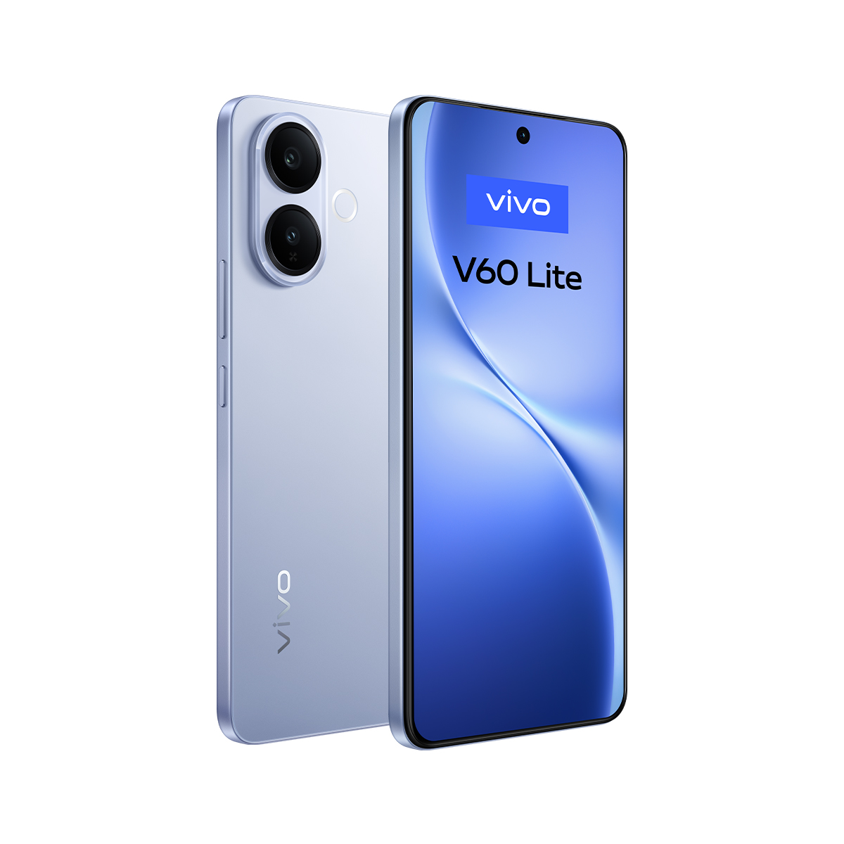 Açık mavi bir Vivo V60 Lite akıllı telefon görüntüleniyor. Telefon ön ve arka taraftan gösteriliyor. Ekran mavi bir degrade gösteriyor.