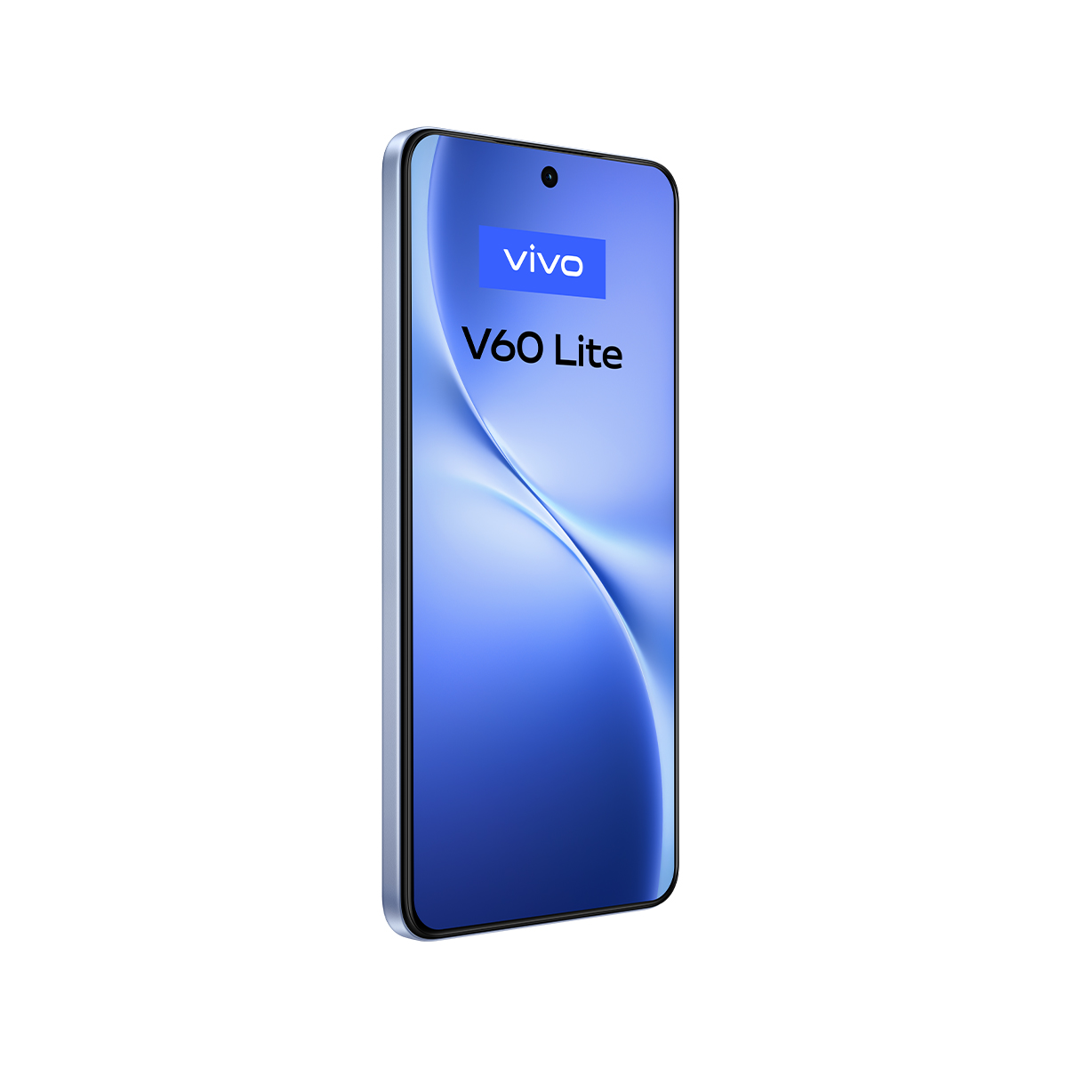 Beyaz zemin üzerinde bir VIVO V60 Lite akıllı telefon. VIVO logosu ve telefon modelinin bulunduğu mavi bir ekranı var.