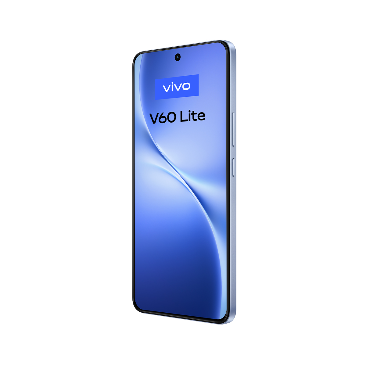 Beyaz bir arka plan üzerinde bir Vivo V60 Lite akıllı telefon görüntüleniyor. Telefon mavi renkte, ekranında Vivo logosu ve ürün adı bulunuyor.