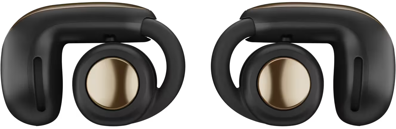 Due auricolari wireless neri e dorati. Ognuno ha un centro rotondo dorato e un gancio nero per l'orecchio.