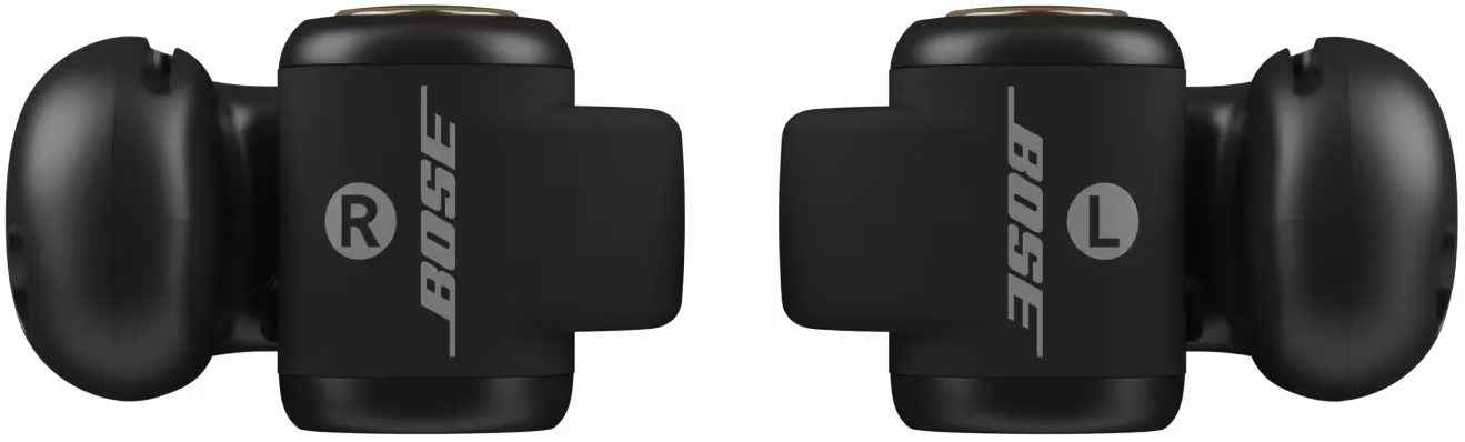 Due auricolari Bose neri. Uno con 'R' per destra, l'altro 'L' per sinistra. Entrambi hanno un design curvo per comfort.
