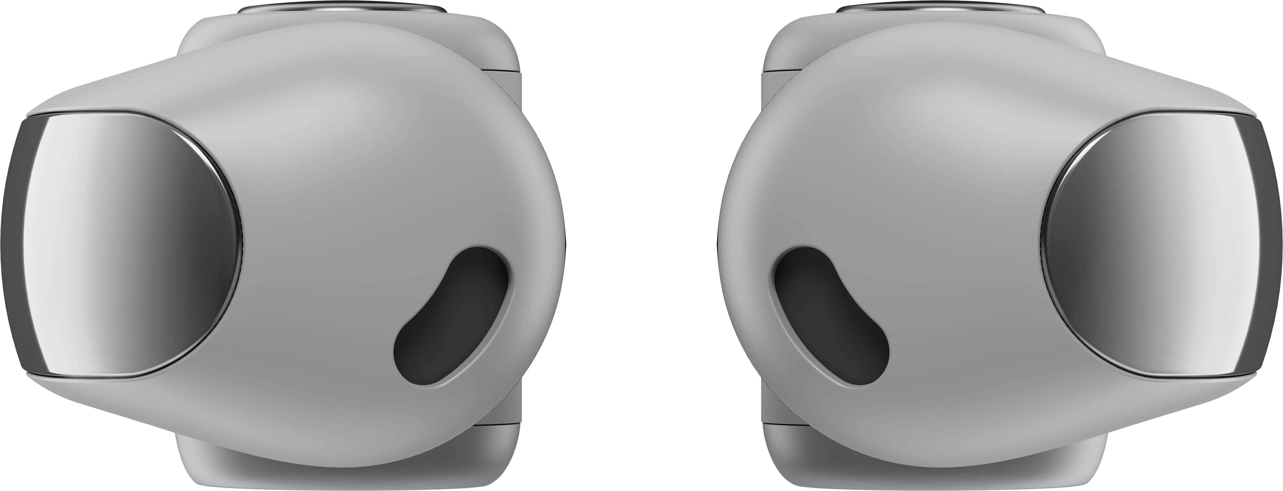 Due dispositivi auricolari bianchi dall'aspetto futuristico. Ognuno ha un accento argentato sul davanti e un foro ovale scuro sul lato.