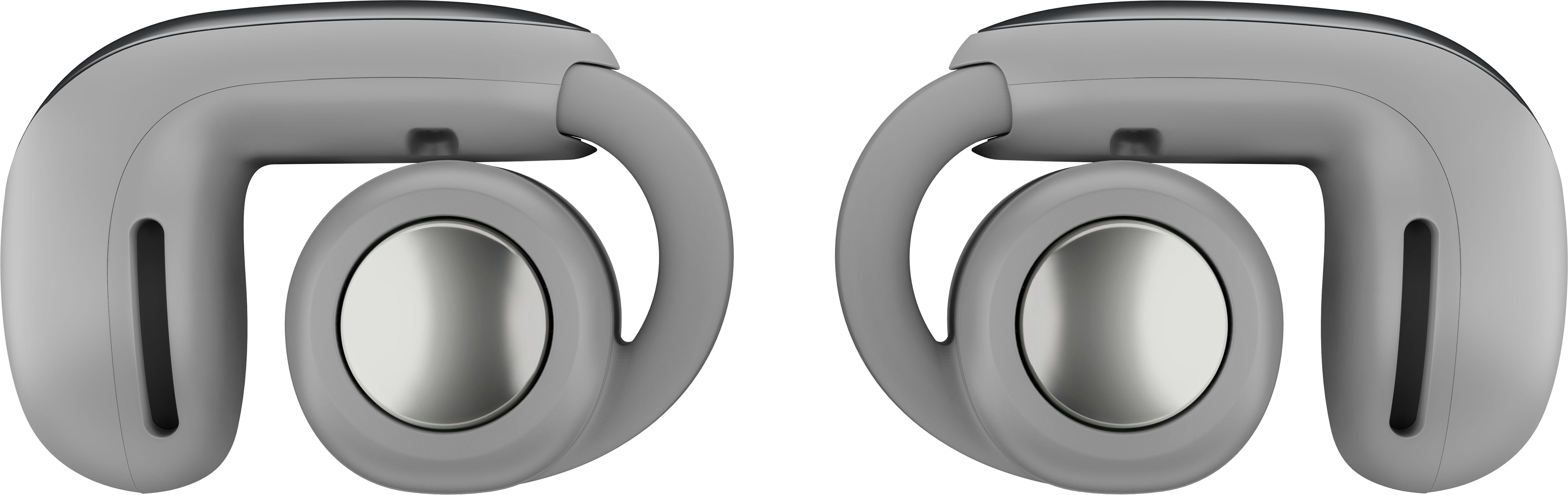 Vengono mostrate due cuffie auricolari grigie. Ognuna ha un corpo arrotondato, un centro metallico e un gancio.
