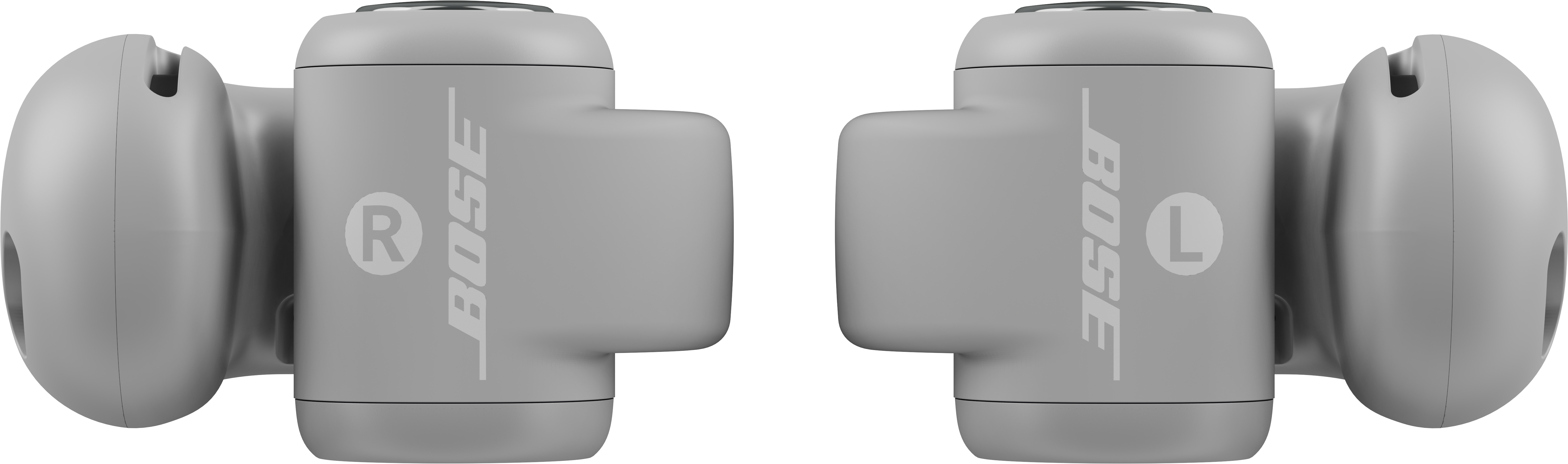 Due auricolari Bose grigi. L'auricolare destro ha una R, il sinistro una L. Entrambi hanno il logo Bose.
