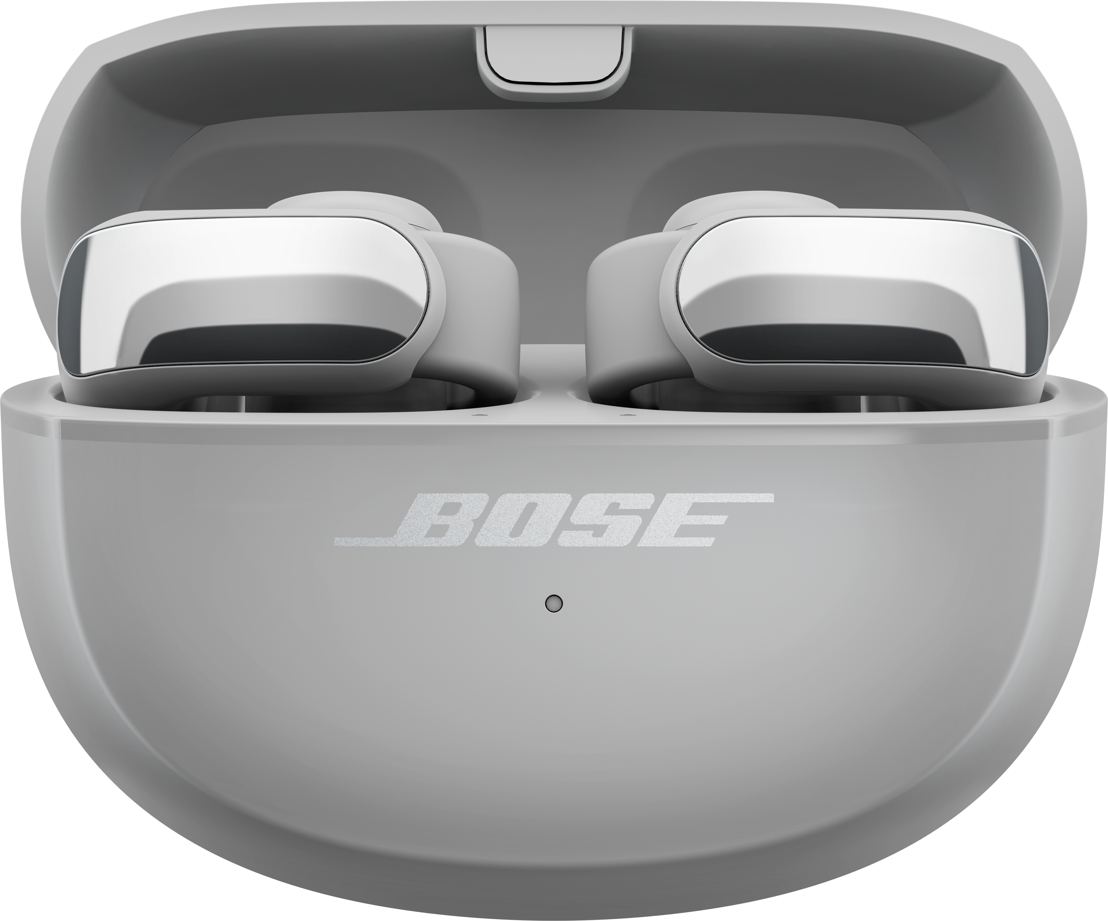 Una custodia bianca e aperta per auricolari Bose con due auricolari all'interno. Il logo Bose è visibile.