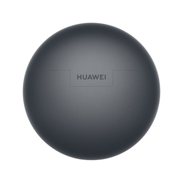 Sötétszürke, lekerekített tárgy, közepén a 'HUAWEI' márkanévvel. A háttér fehér.