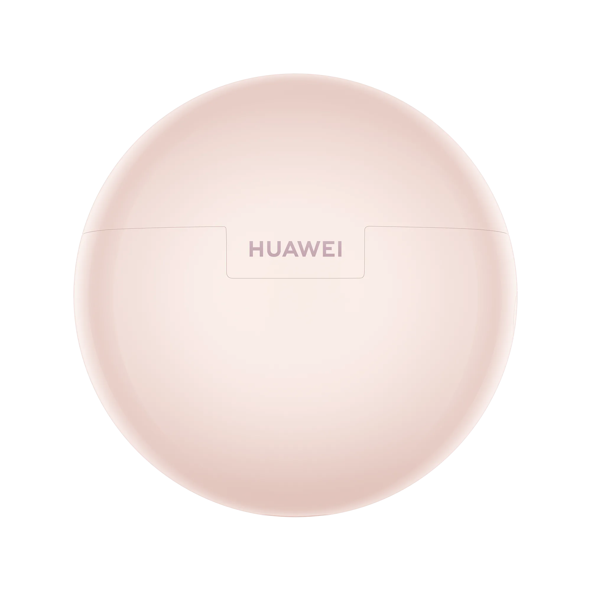 Rózsaszín, lekerekített Huawei fülhallgató tok fekete háttéren. A márkanév középen.