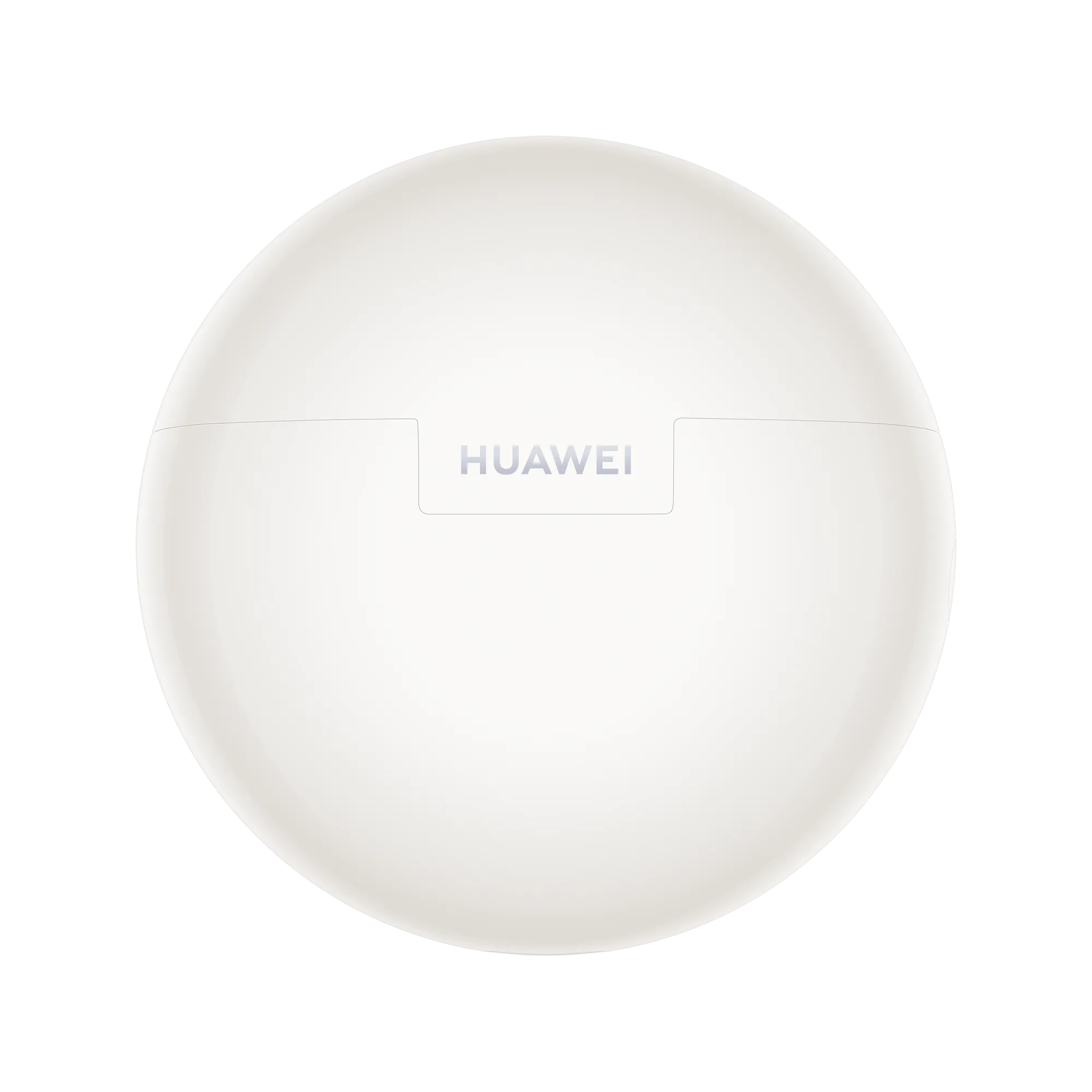 Fehér Huawei fülhallgató tok fekete háttéren. A márkanév a tok közepén van nyomtatva.
