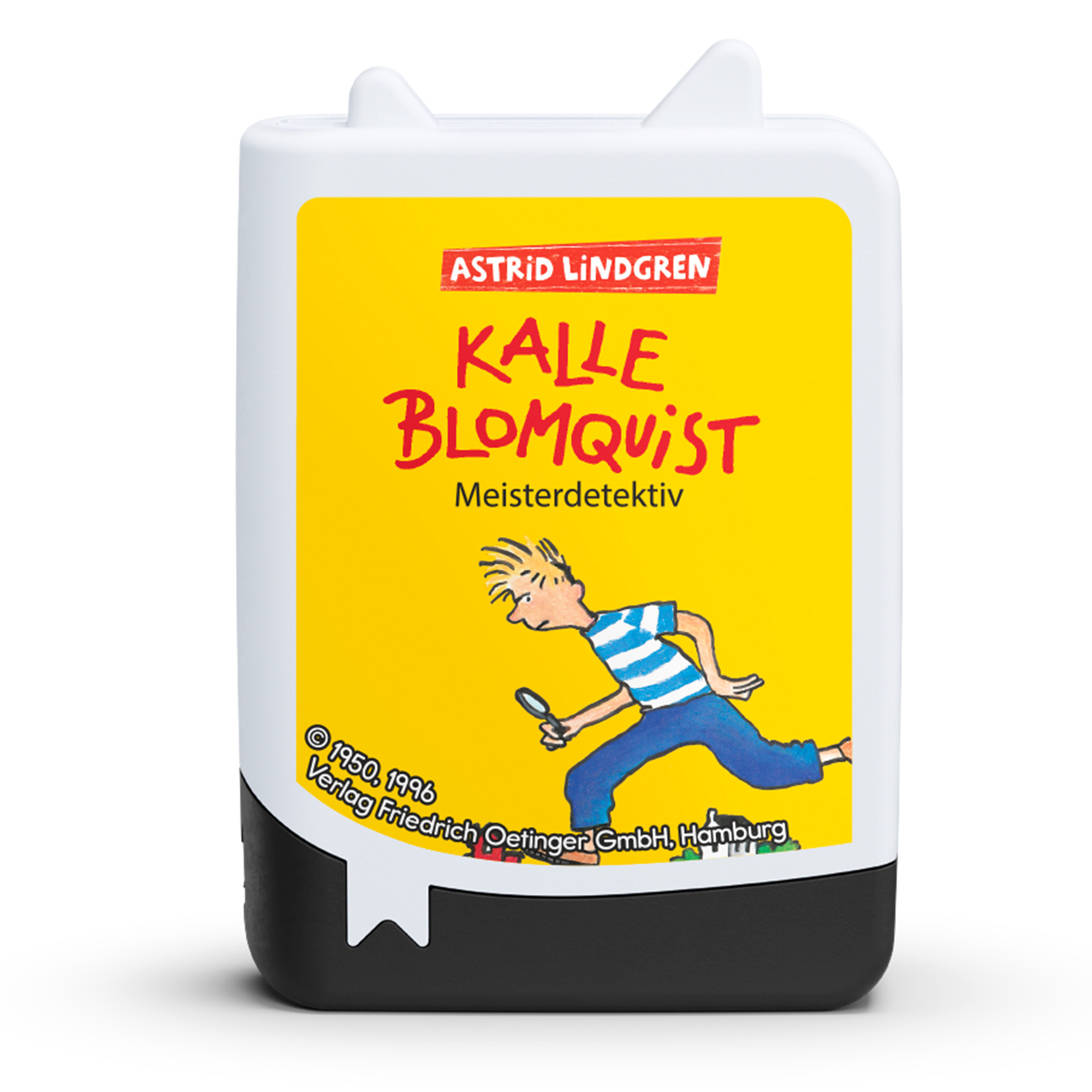 Ein Buchcover mit gelbem Hintergrund. Es zeigt einen Jungen mit einer Lupe. Der Text lautet 'Kalle Blomquist'.