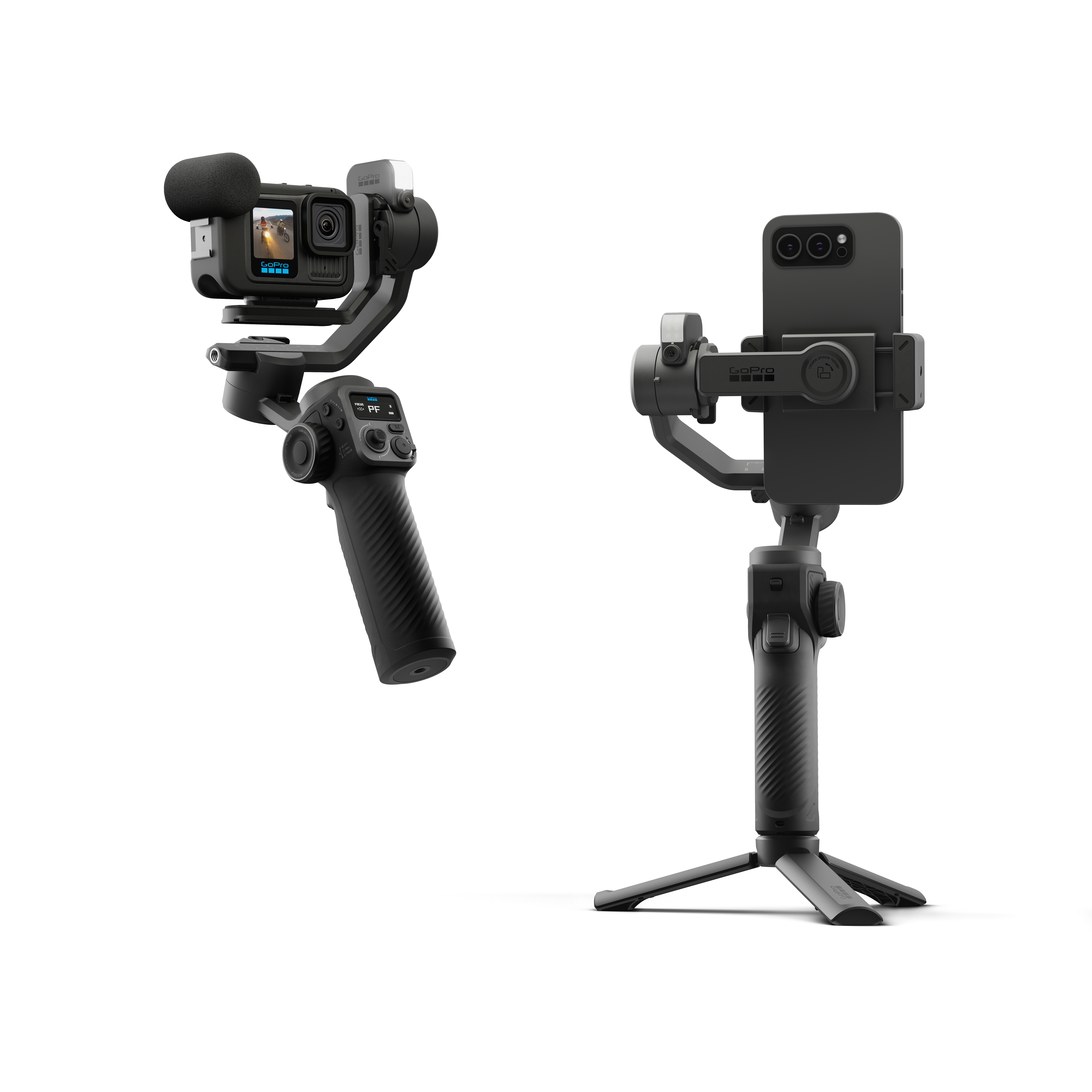 Zwei schwarze Gimbals. Eines hält eine GoPro, das andere ein Telefon. Beide stehen auf schwarzem Grund.