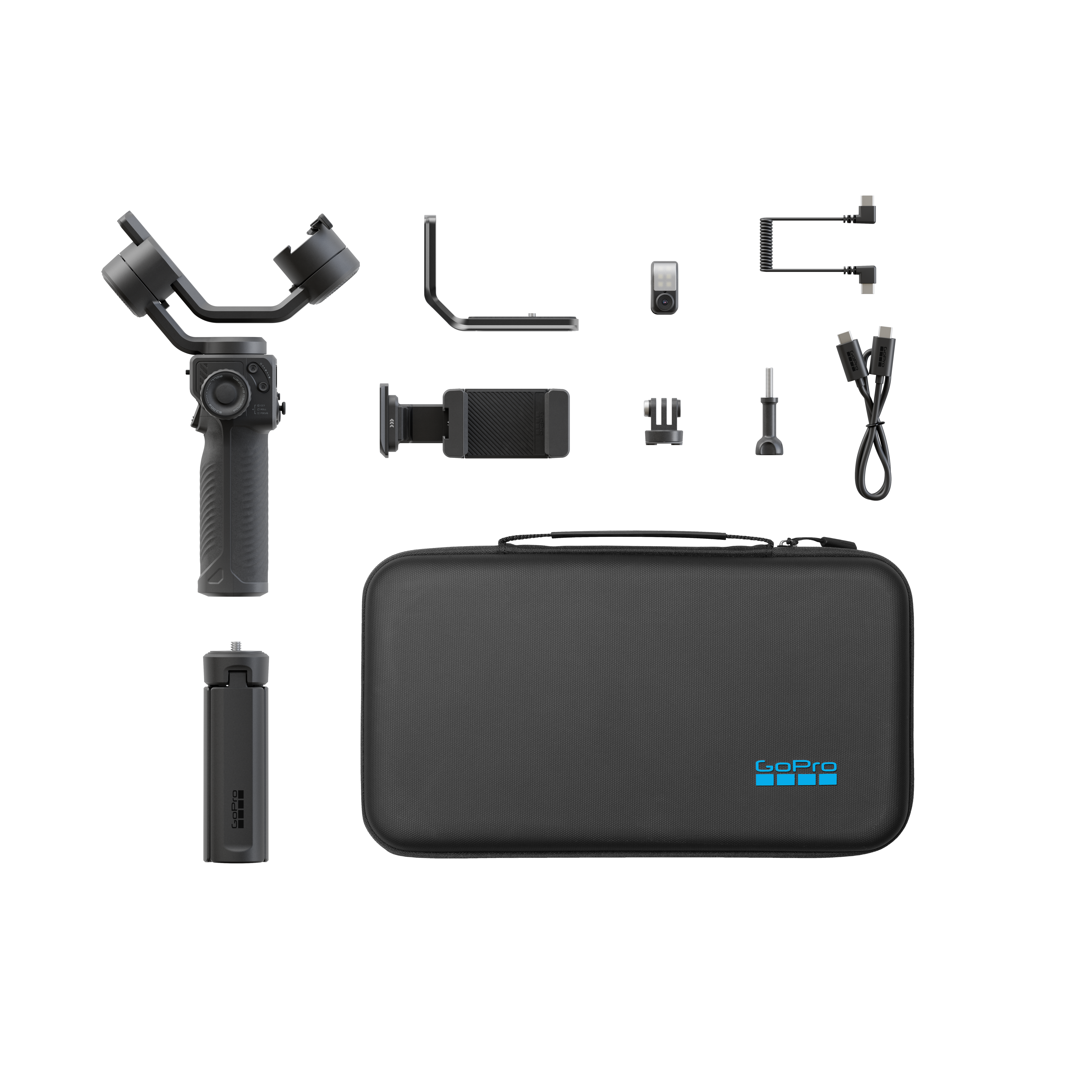 Ein schwarzes GoPro-Kamera-Stabilisator-Kit mit Zubehör und eine schwarze Hülle mit dem GoPro-Logo.