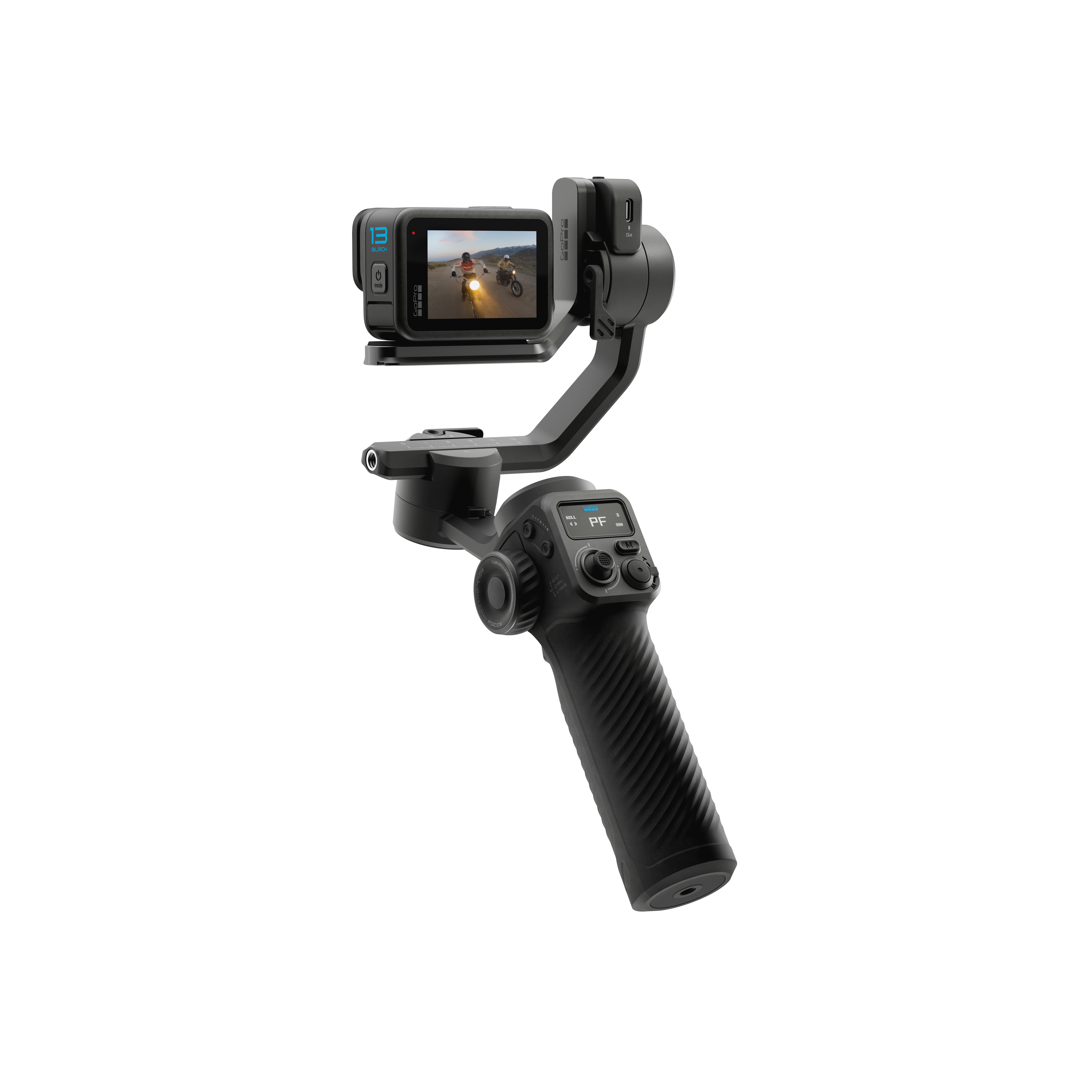 Eine schwarze GoPro-Kamera auf einem Gimbal mit einem Bildschirm, der eine Motorradszene zeigt. Das Gimbal hat einen Griff.