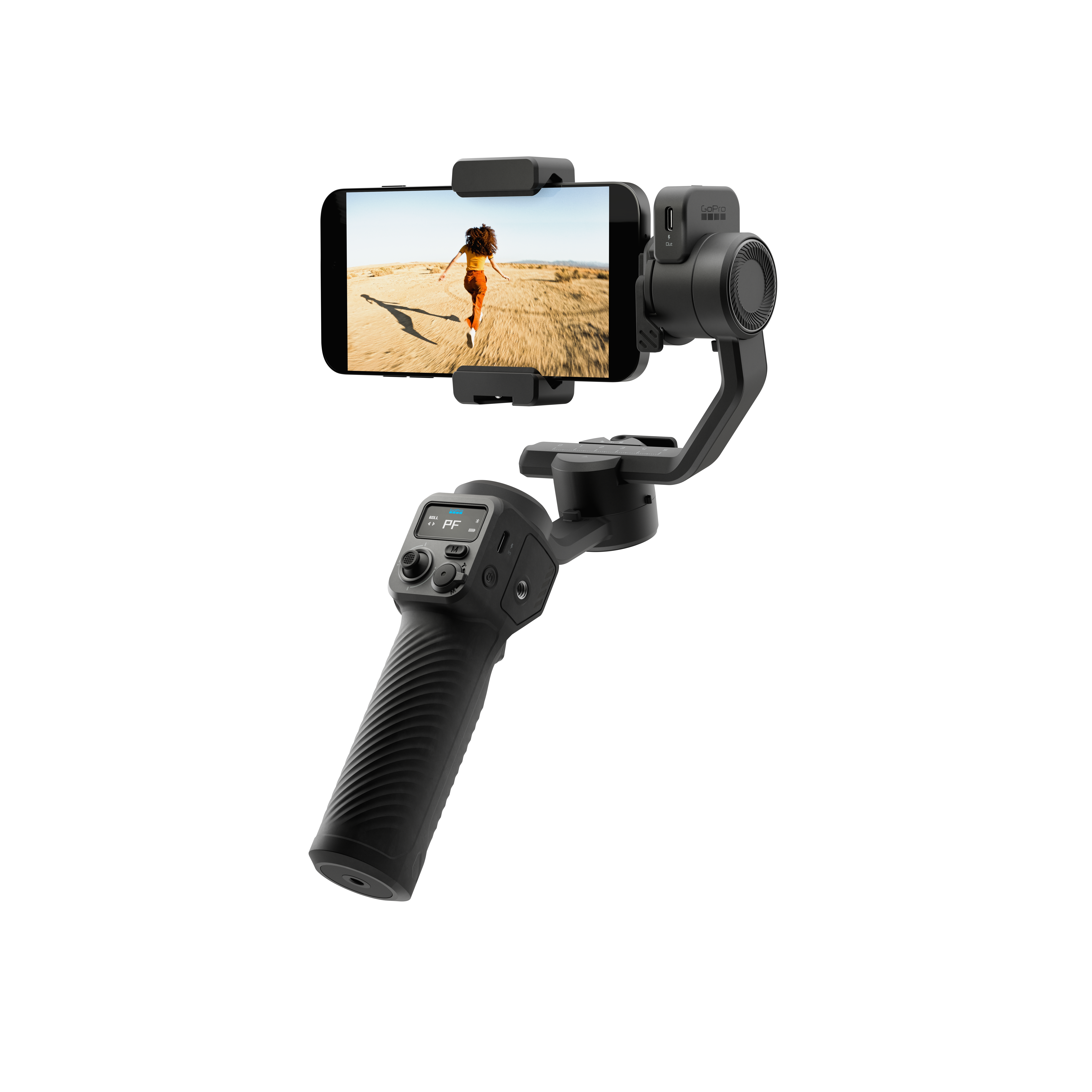 Ein schwarzer Gimbal-Stabilisator mit einem Telefon, das eine Person zeigt, die am Strand läuft. Der Hintergrund ist weiß.