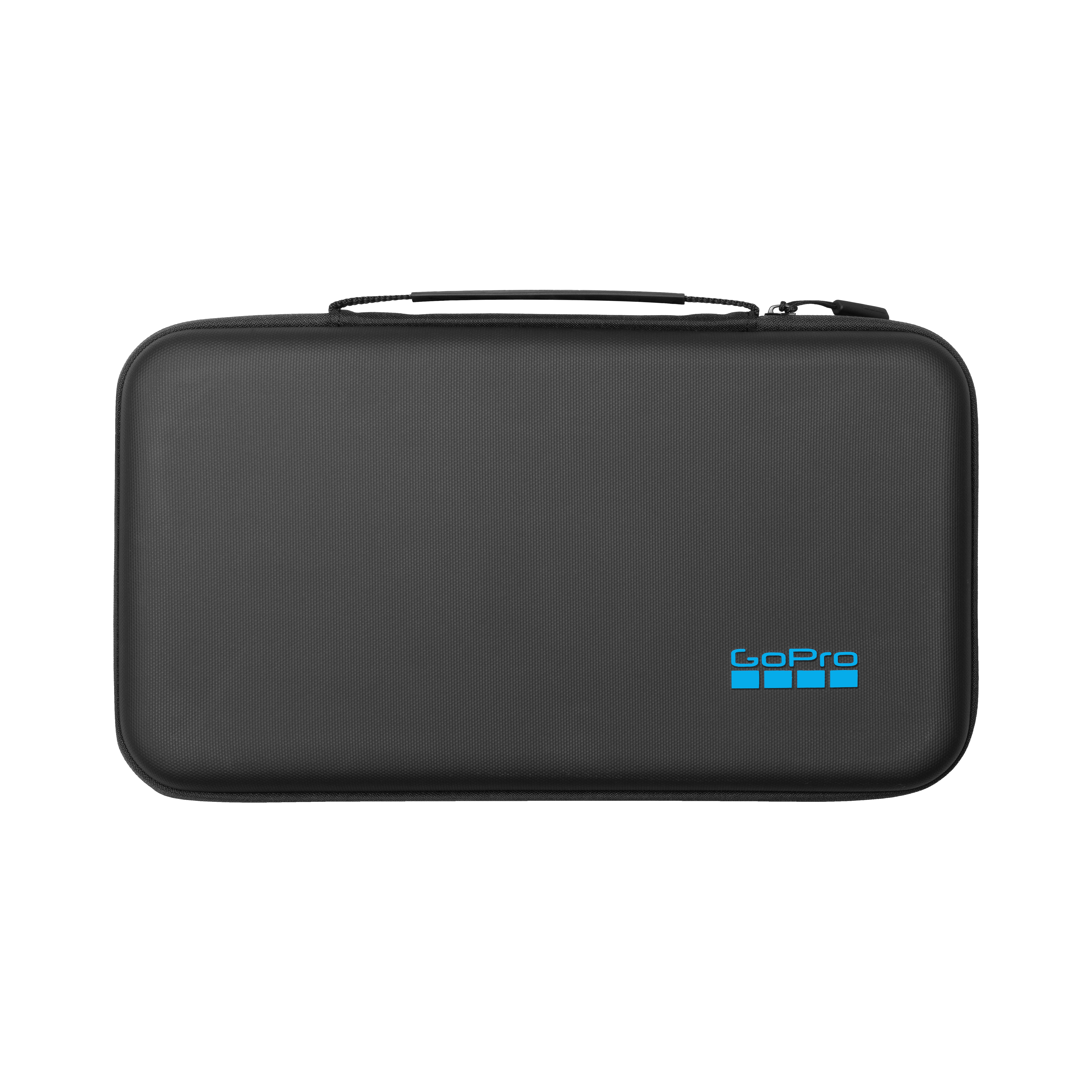 Eine schwarze GoPro-Tragetasche mit Griff und Reißverschluss. Das GoPro-Logo ist blau auf der Vorderseite vor weißem Hintergrund.