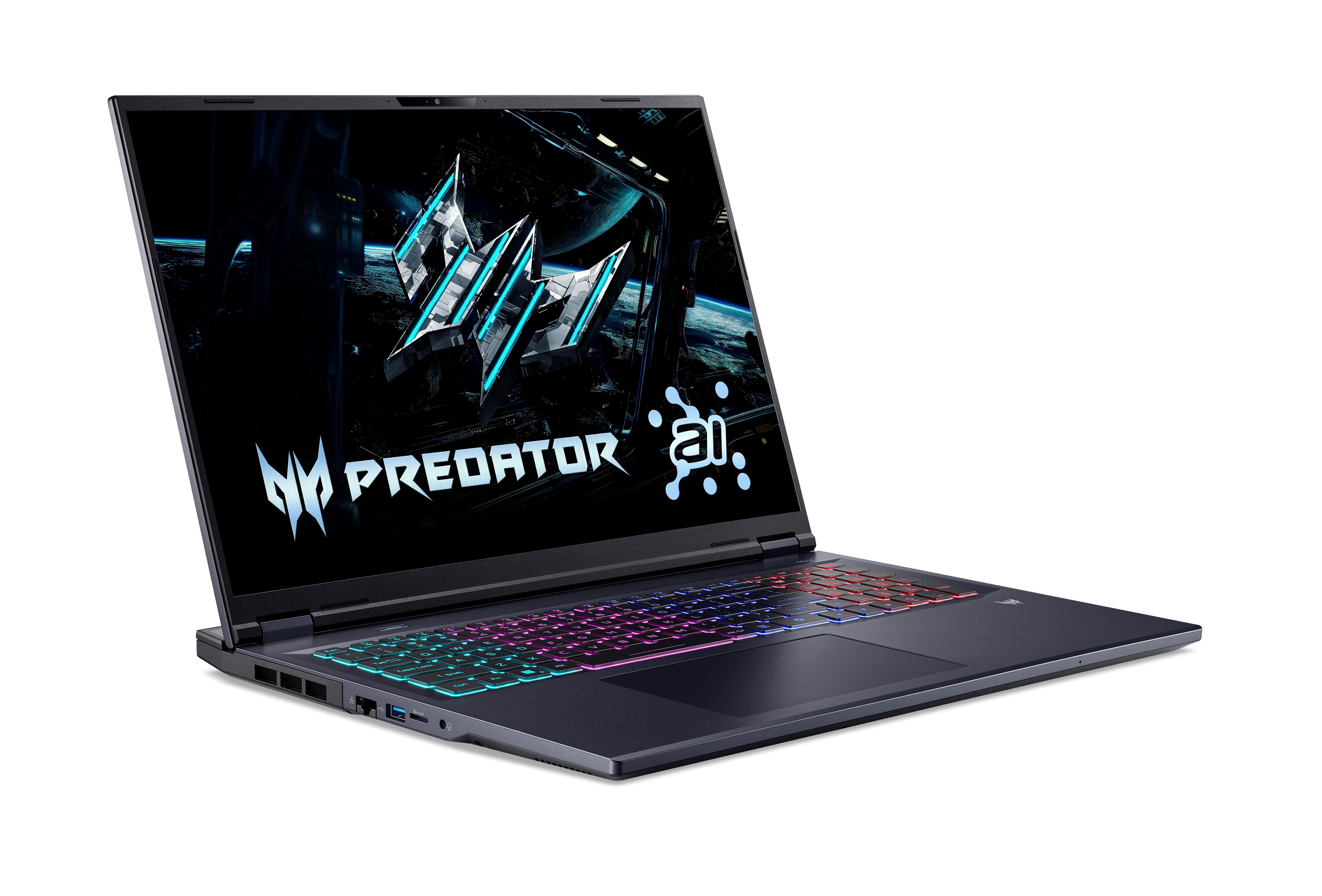 Ein schwarzer Predator-Laptop liegt auf weißem Untergrund. Die Tastatur leuchtet mehrfarbig. Der Bildschirm zeigt ein Logo.
