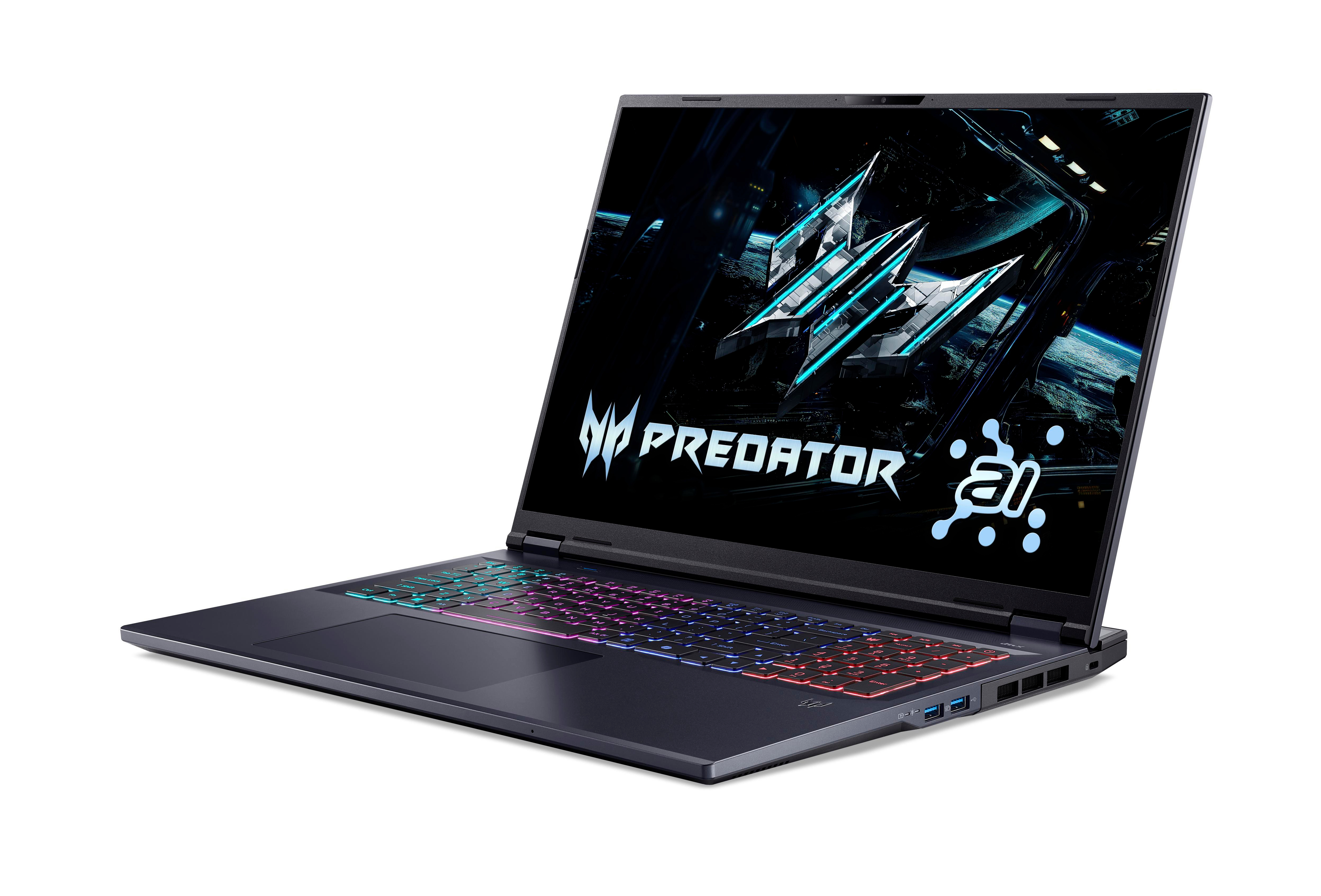 Ein schwarzer Predator-Laptop mit farbiger Hintergrundbeleuchtung wird auf einer weißen Oberfläche angezeigt.