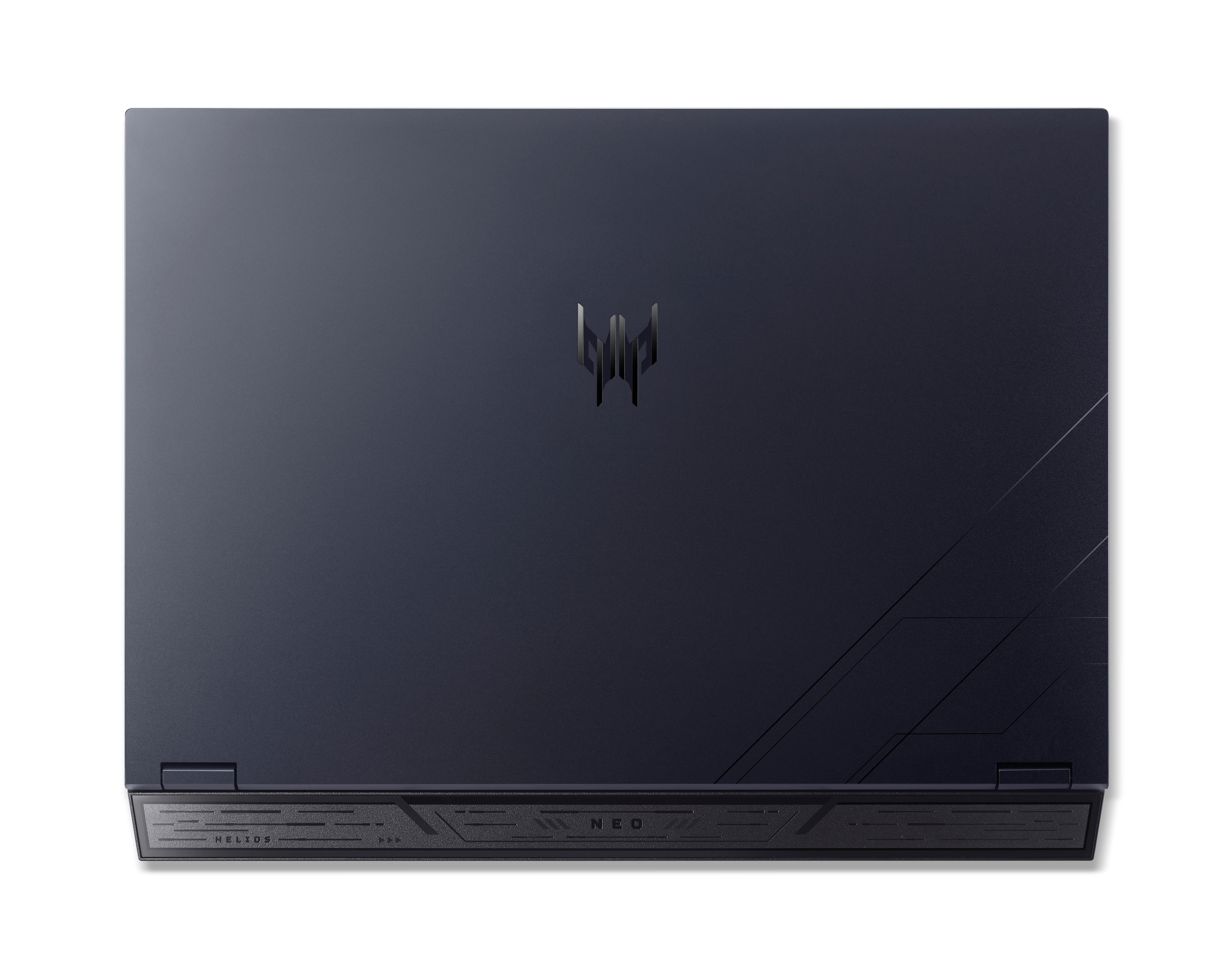 Dunkelblauer Laptop, Draufsicht. Predator-Logo zentriert, 'NEO'- und 'HELIOS'-Text unten. Weißer Hintergrund.