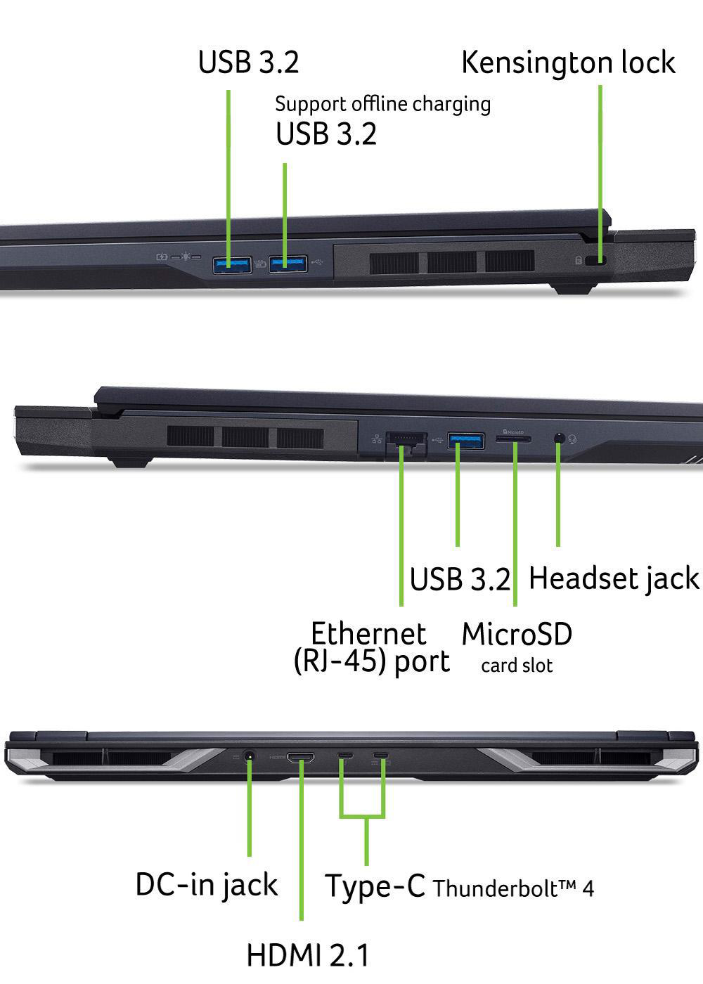 Seitenansicht des Laptops mit beschrifteten Anschlüssen: USB, Kensington-Schloss, Ethernet, HDMI, DC-in und Thunderbolt 4.
