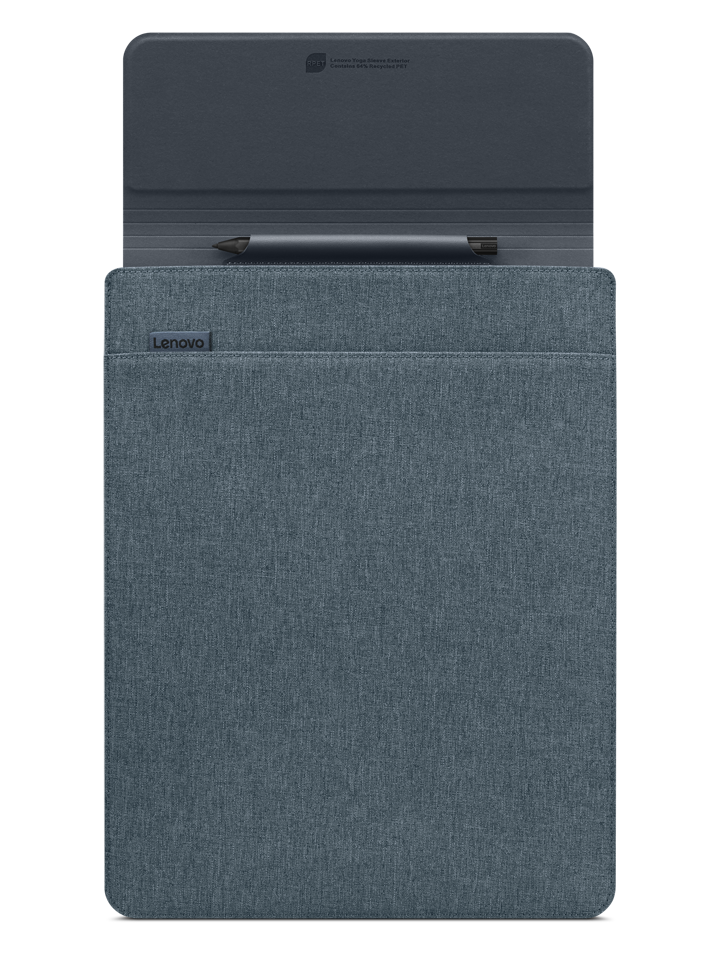 Lenovo tablet tok tollal. A tok szürke-kék, Lenovo logóval. A felső fedél nyitva van, a toll látható.