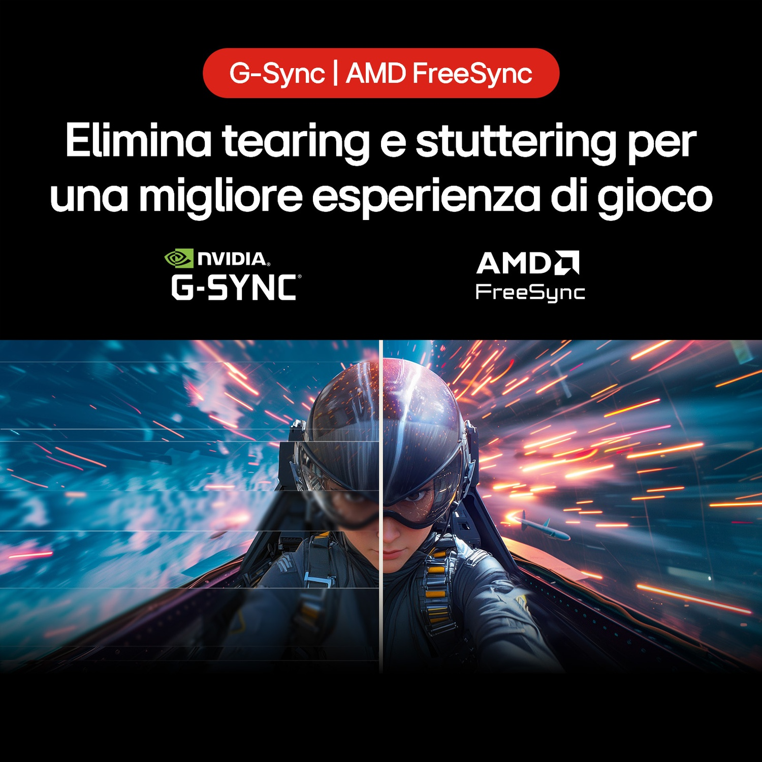 Un pilota in una cabina di pilotaggio di un jet, schermo diviso. Un lato mostra immagini fluide, l'altro mostra lo strappo. Loghi G-Sync e FreeSync.