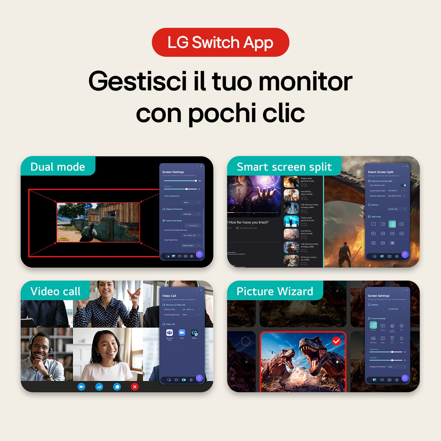 Interfaccia dell'app LG Switch che mostra la modalità dual, schermo diviso, funzioni di videochiamata. Include impostazioni schermo e procedura guidata immagini.