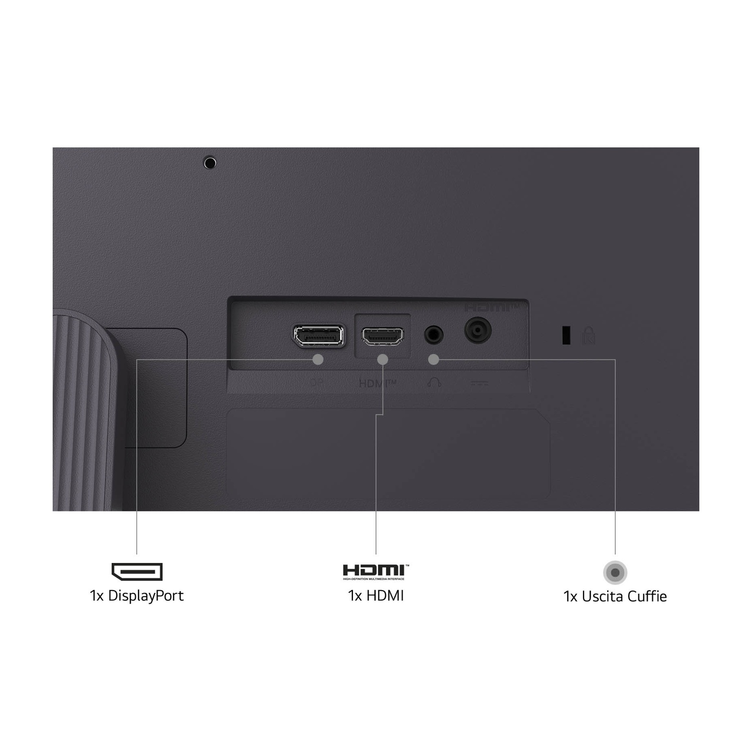 Retro di un monitor con porte DisplayPort, HDMI e audio. Include un'uscita per cuffie. Il monitor è grigio scuro.